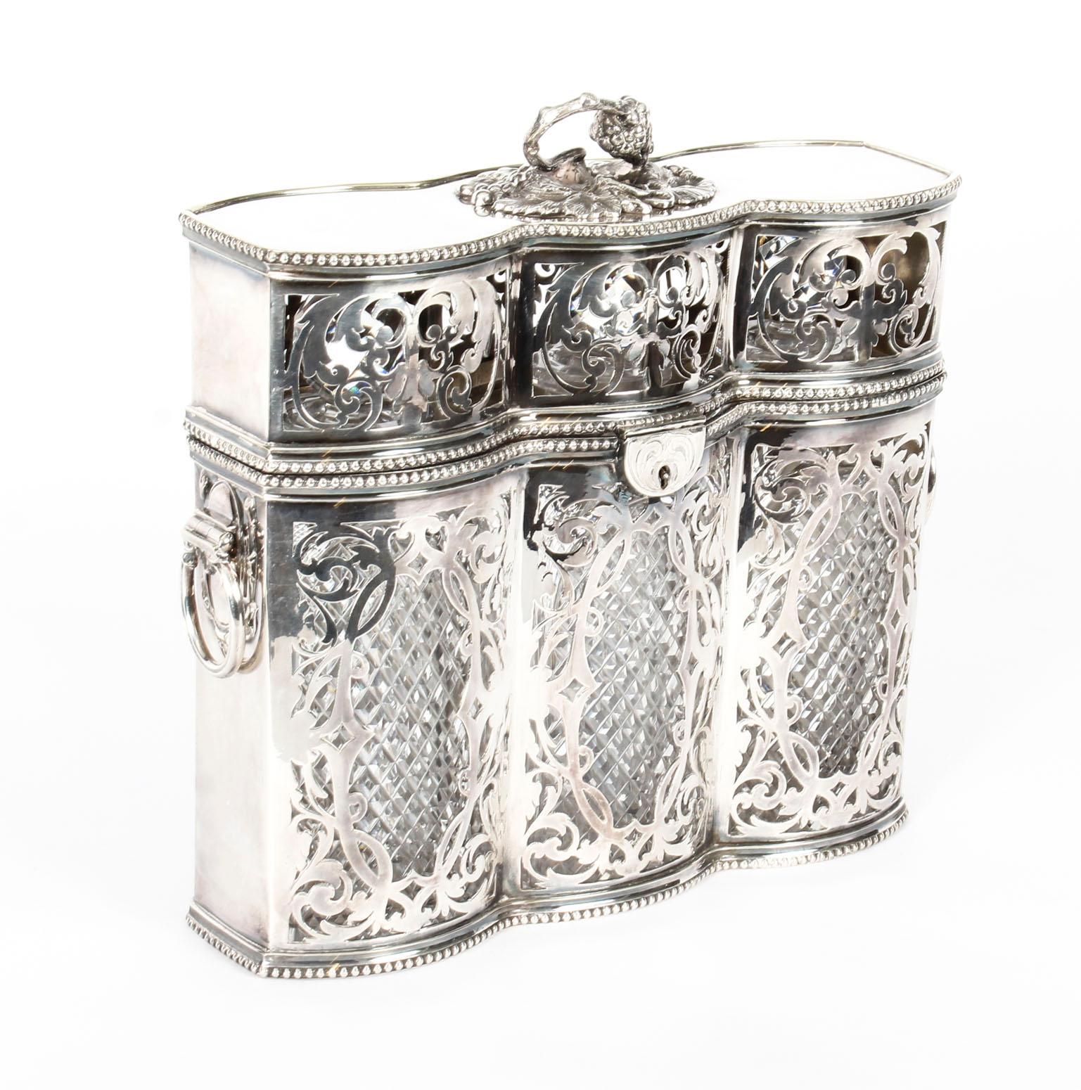 Antique Victorian English Silver Plated 3 Bottle Tantalus, 19th Century 14