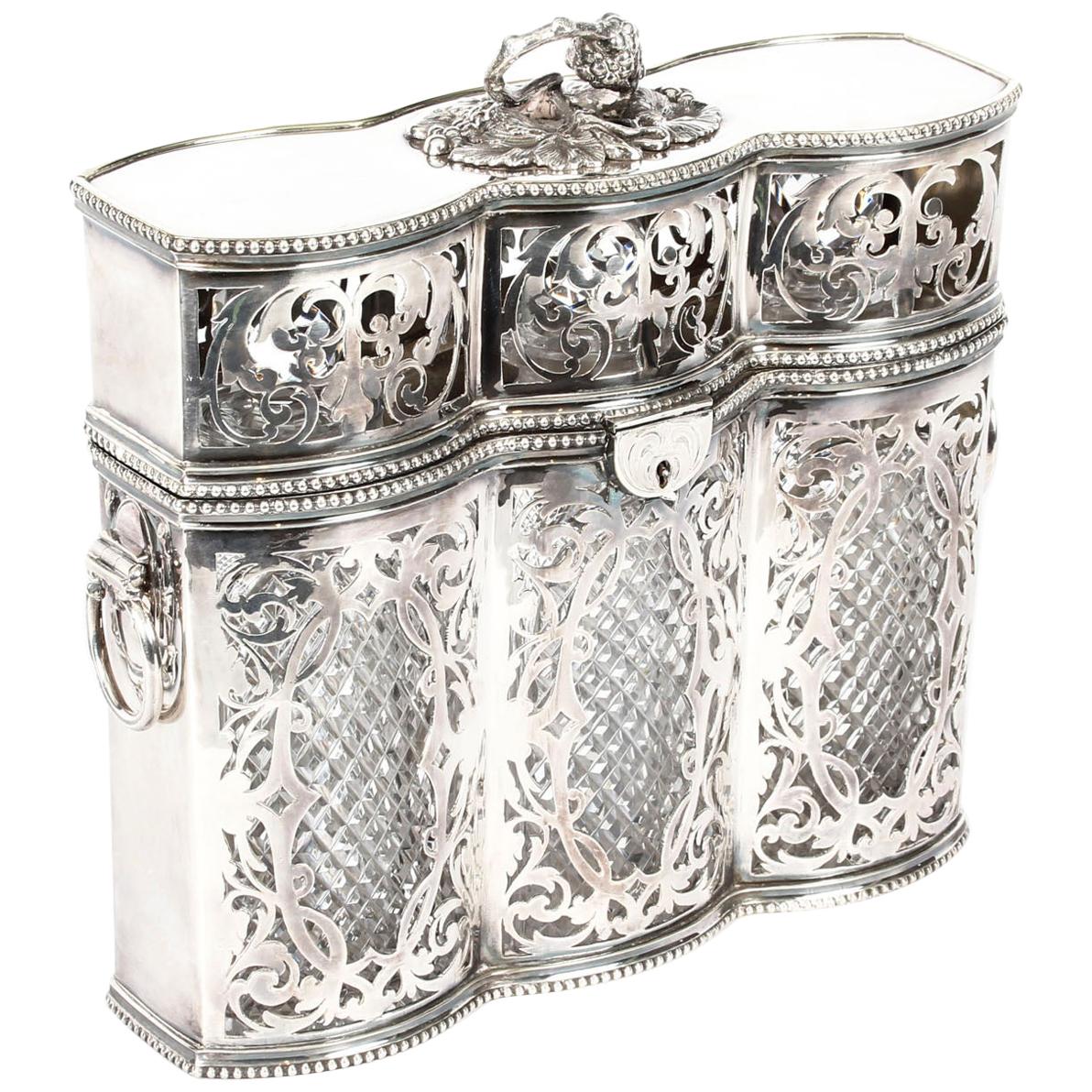 Antique Victorian English Silver Plated 3 Bottle Tantalus, 19th Century