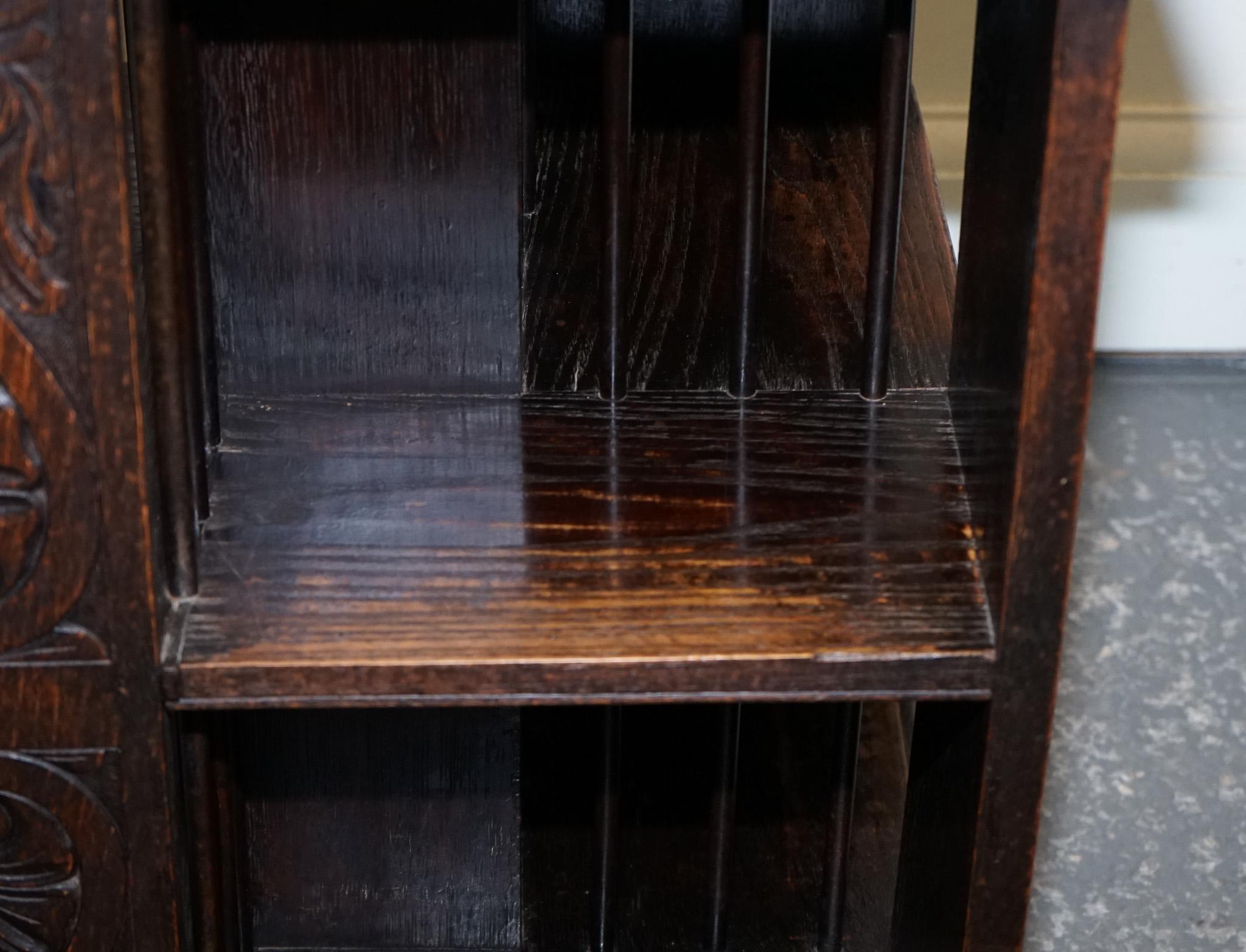 20th Century ANTIQUE VICTORIAN ENGLISH SOLID OAK CARVED JACOBEAN REVOLViNG OPEN BOOKCASE For Sale
