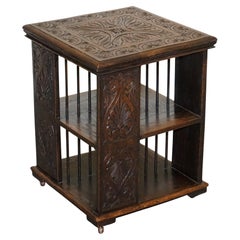 ANTIQUE VICTORIAN ENGLISH SOLID OAK CARVED JACOBEAN REVOLViNG OPEN BOOKCASE