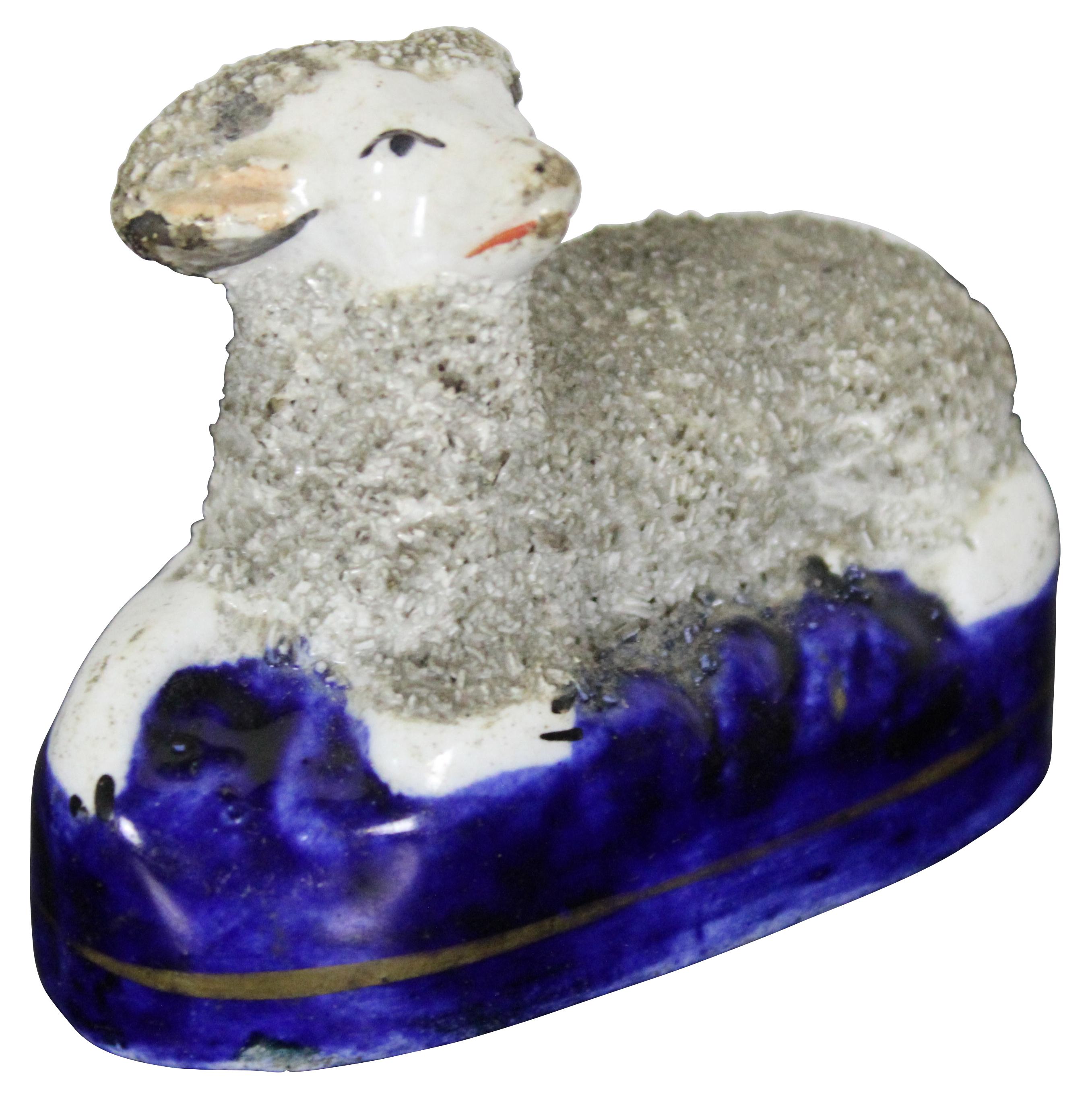 Antique Victorian English Staffordshire Confetti Porcelain Seated Ram Sheep In Good Condition In Dayton, OH