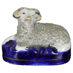 Antique Victorian English Staffordshire Confetti Porcelain Seated Ram Sheep
