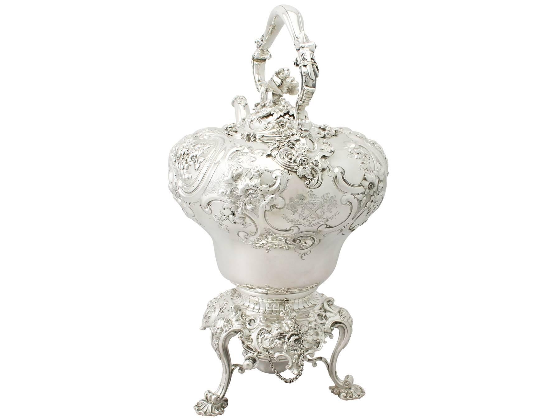 A magnificent, fine and impressive, antique Victorian English sterling silver spirit kettle made by John Samuel Hun, an addition to our antique silver tea ware collection

This magnificent antique Victorian sterling silver spirit kettle has a