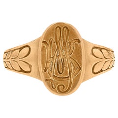 Bague chevalière ancienne en or 14k gravée de style victorien