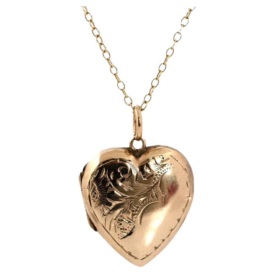 Antique Victorien Gravé 9ct Gold Heart Locket Necklace