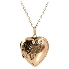 Antique Victorien Gravé 9ct Gold Heart Locket Necklace