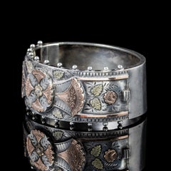 Antique Victorian Engraved Floral Silver Gold Bracelet, circa 1900 Bangle