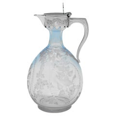 Antique Victorian engraved glass and silver claret jug made in 1868
