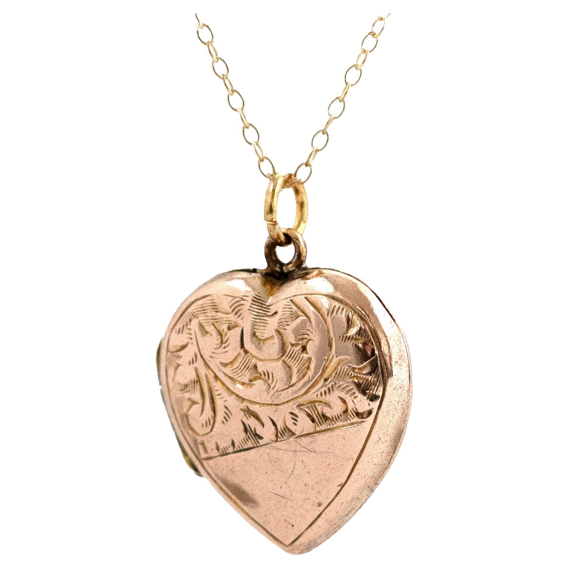 Antique Victorian Engraved Heart 9ct Gold Locket Necklace