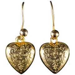 Antique Victorian Engraved Heart Earrings 9 Carat Gold, circa 1900