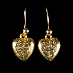 Antique Victorian Engraved Heart Earrings 9 Carat Gold, circa 1900