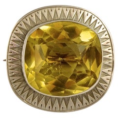 Antique Victorian Engraved Silver and Faux Citrine Brooch