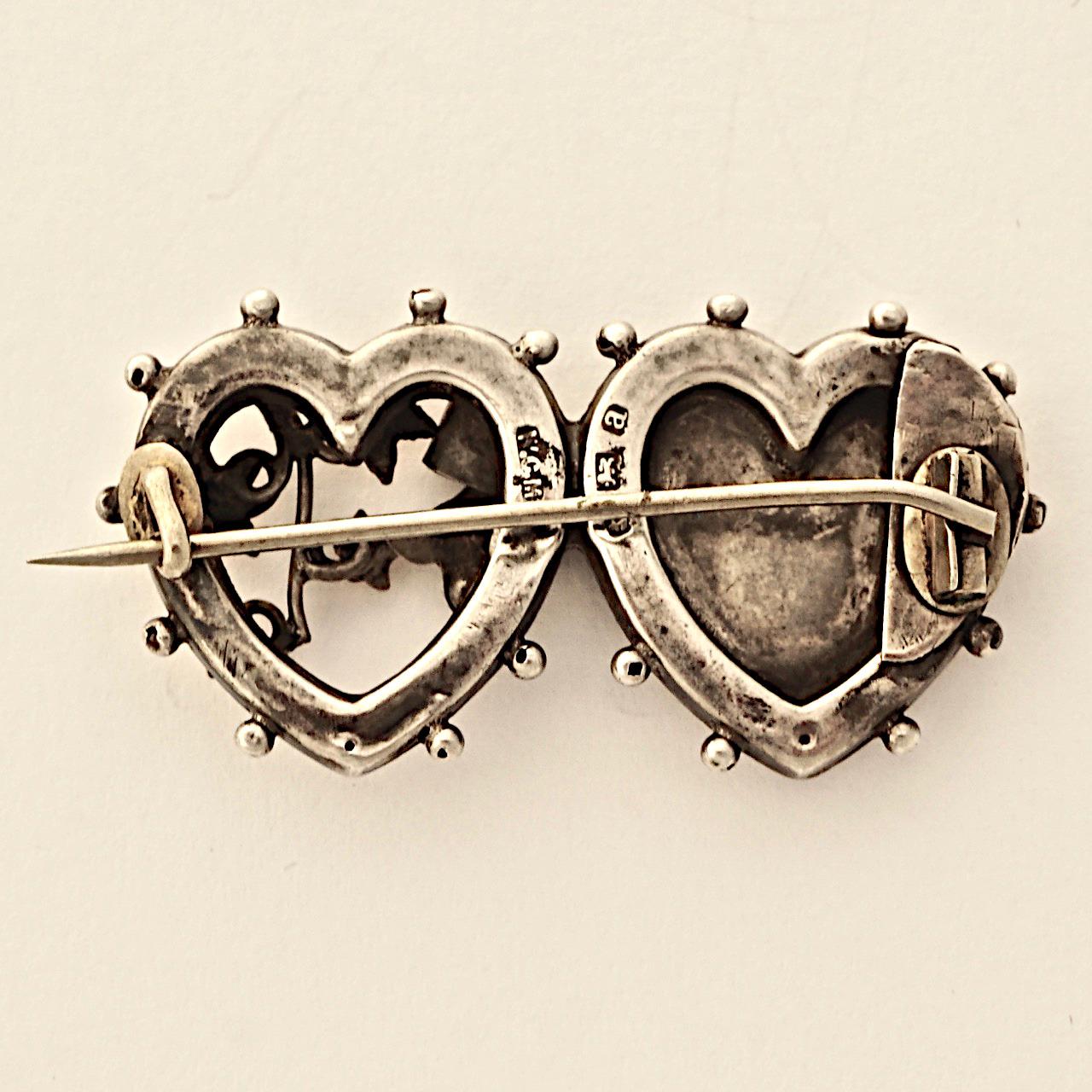 Antique Victorian Engraved Silver and Rose Gold Double Heart Mizpah