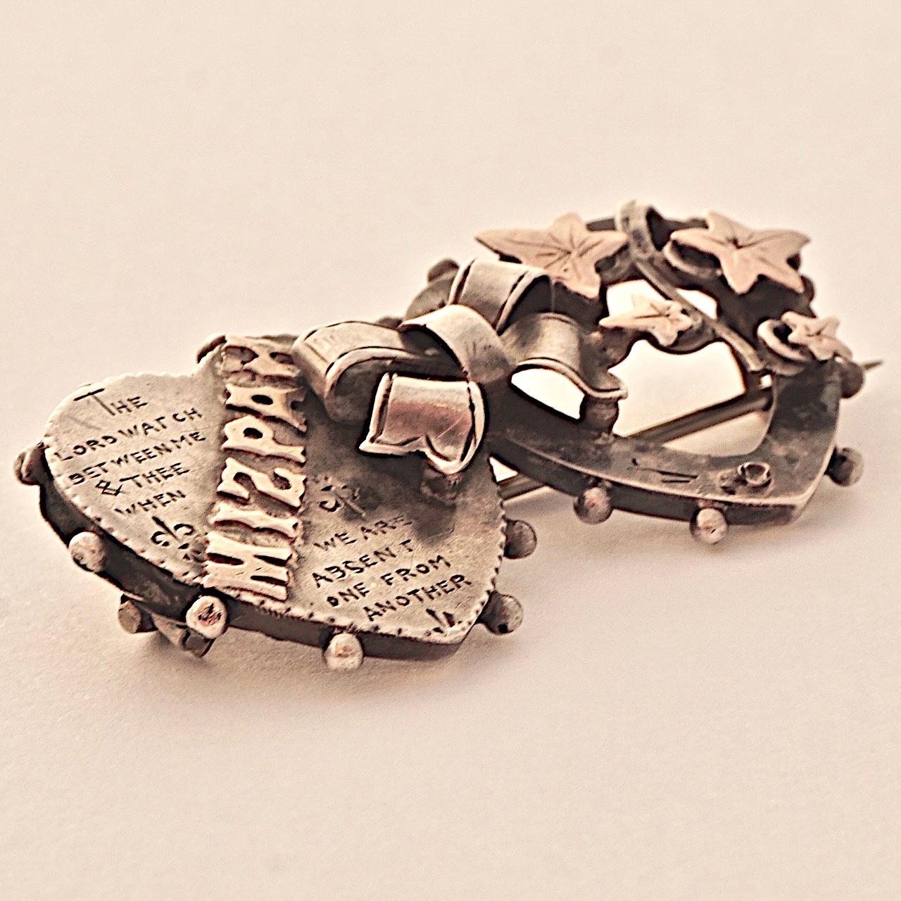 Antique Victorian Engraved Silver and Rose Gold Double Heart Mizpah