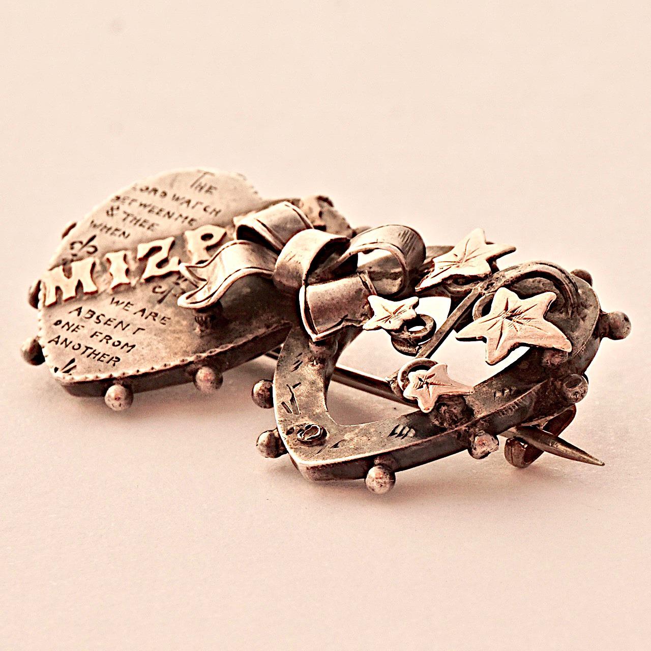 Antique Victorian Engraved Silver and Rose Gold Double Heart Mizpah