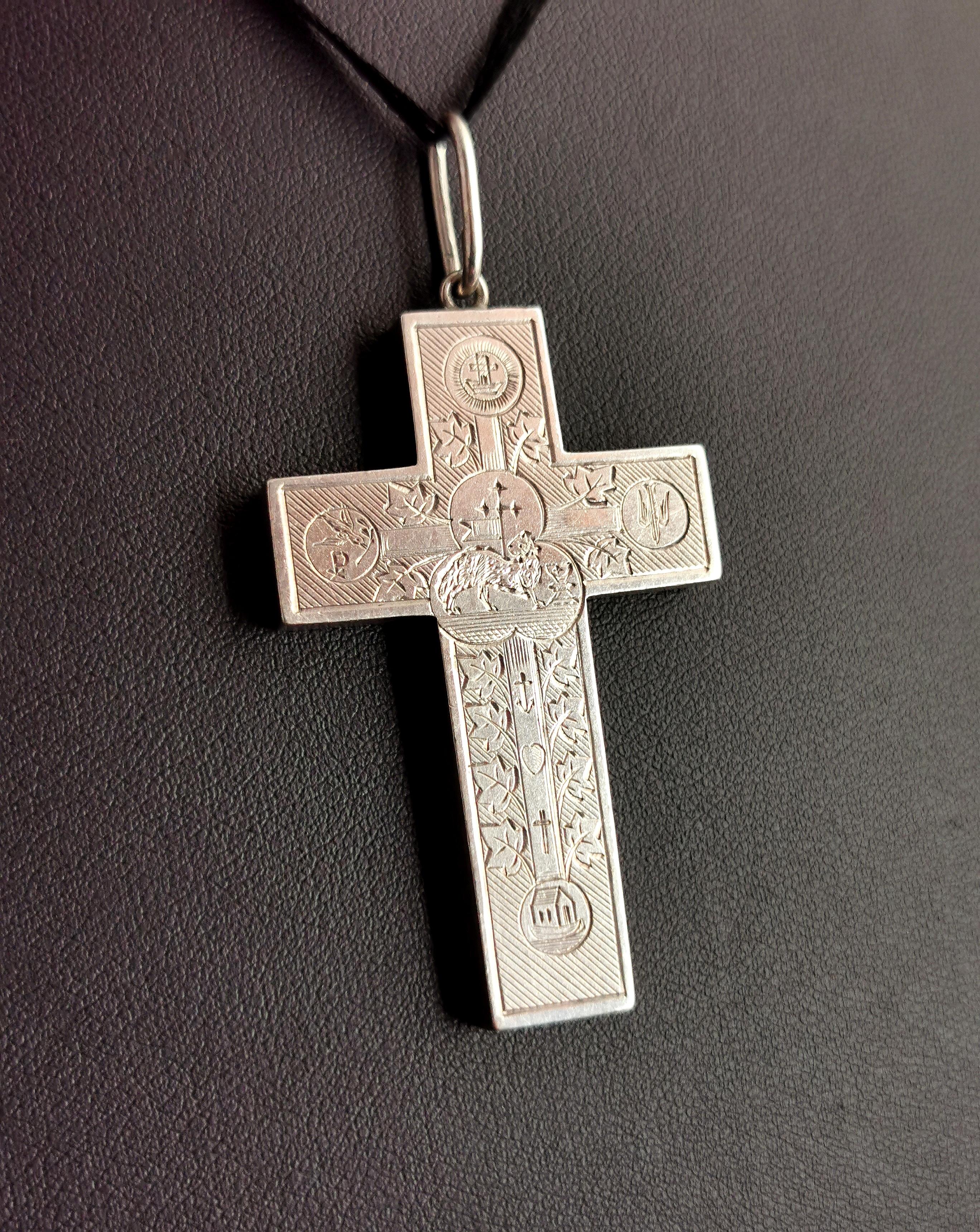 Antique Victorian Engraved Silver Cross Pendant, Peace, Faith, Hope and Charity 6