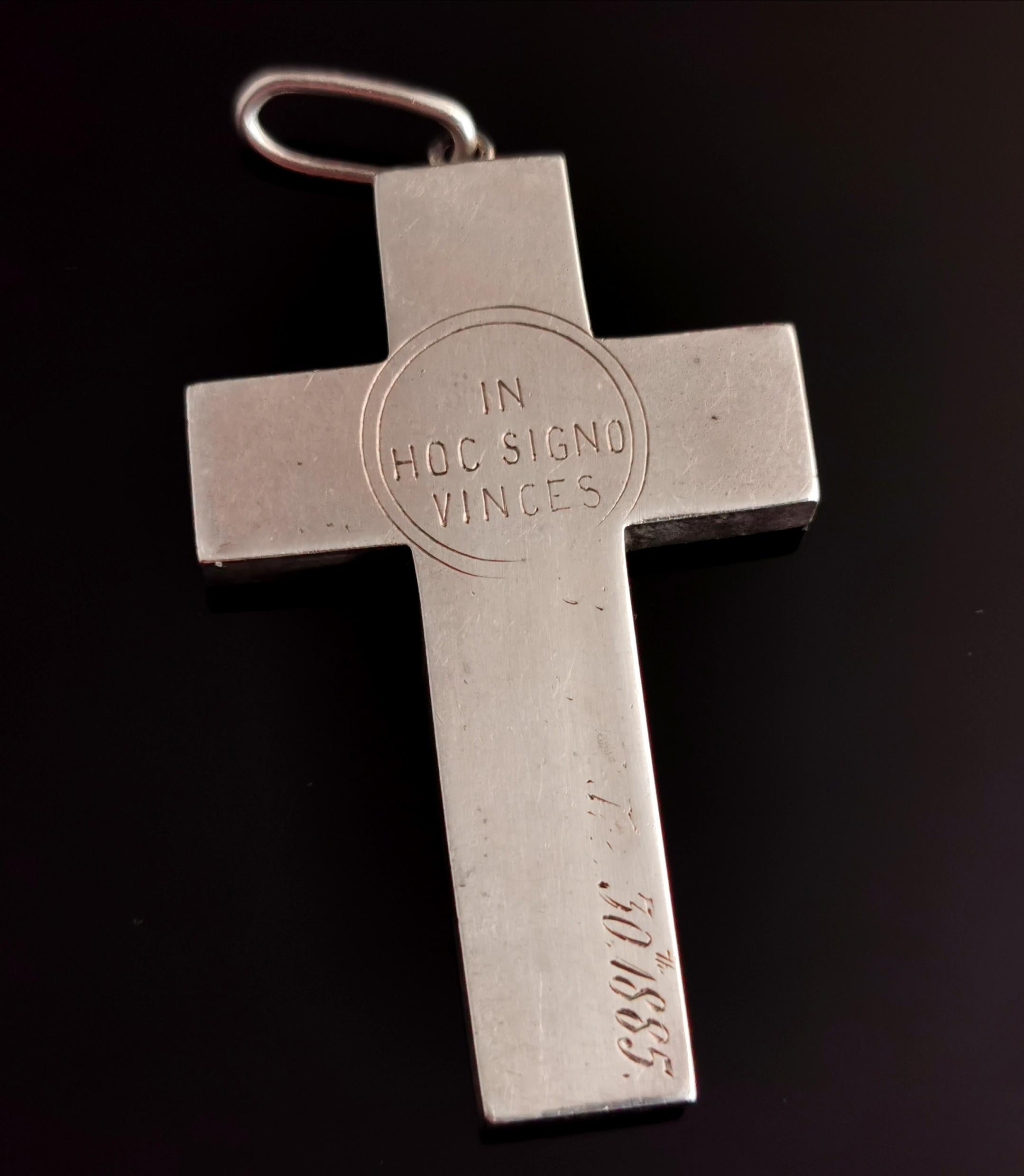 Antique Victorian Engraved Silver Cross Pendant, Peace, Faith, Hope and Charity 7