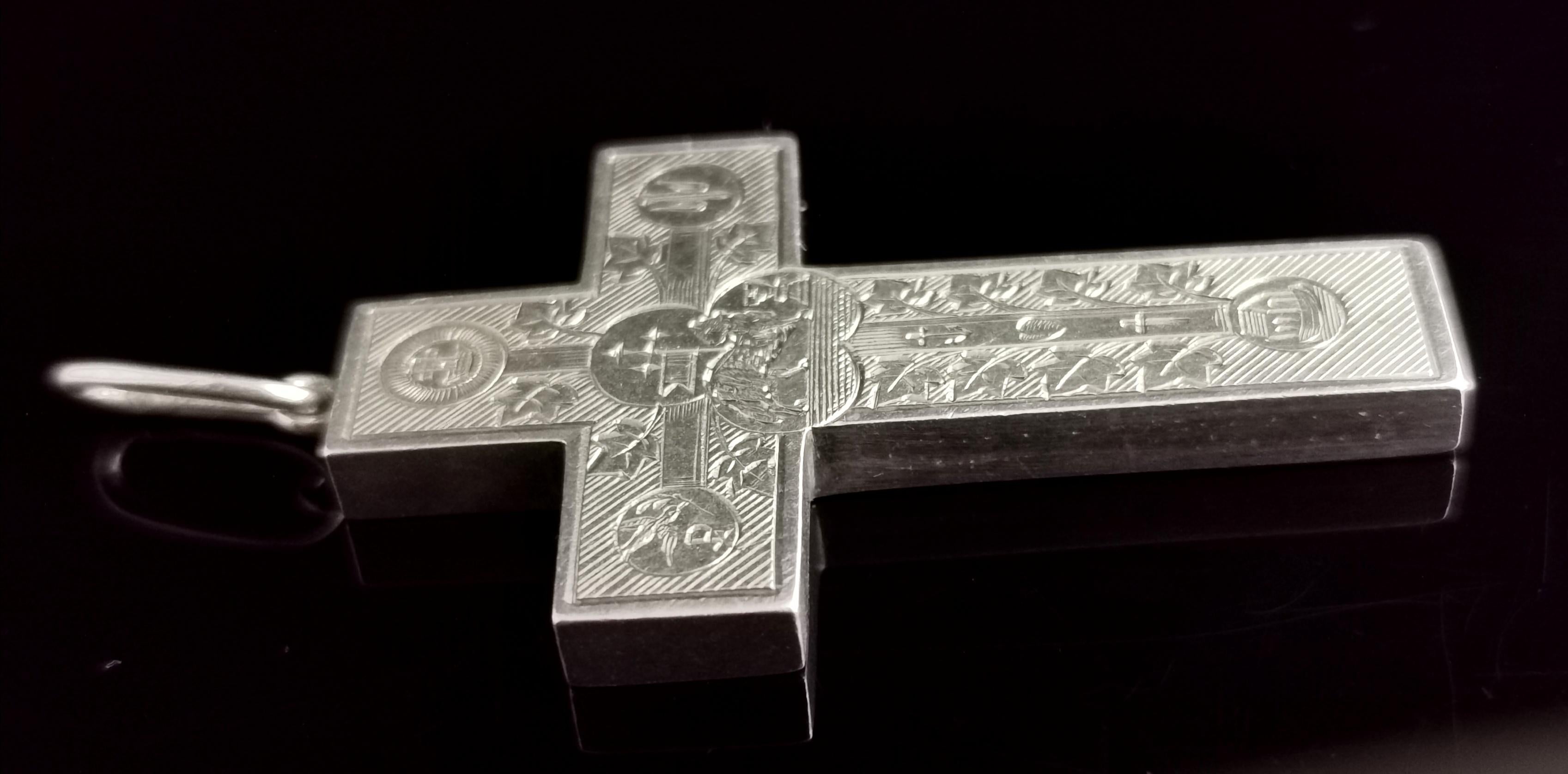 Antique Victorian Engraved Silver Cross Pendant, Peace, Faith, Hope and Charity 8