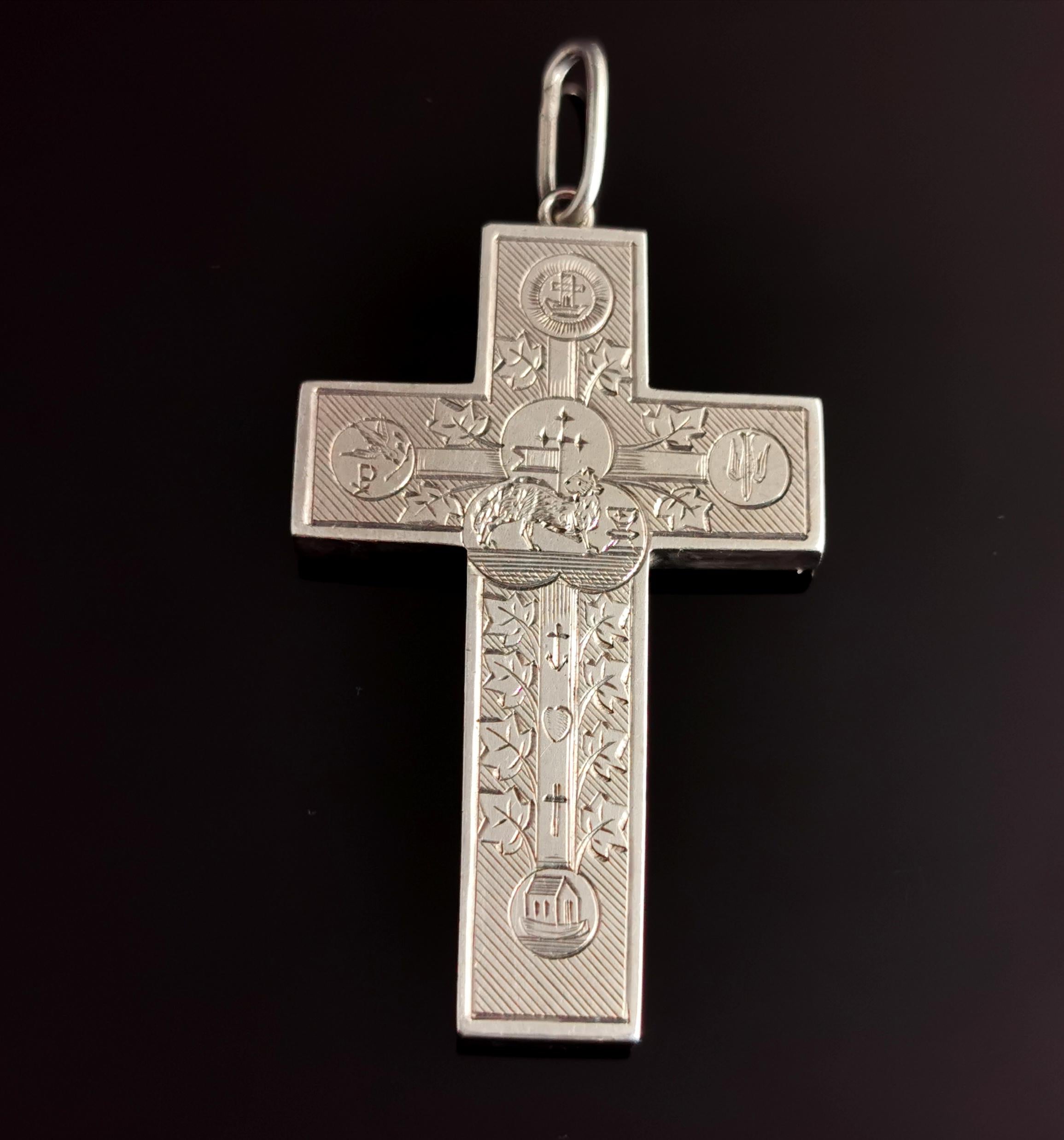 Antique Victorian Engraved Silver Cross Pendant, Peace, Faith, Hope and Charity 9