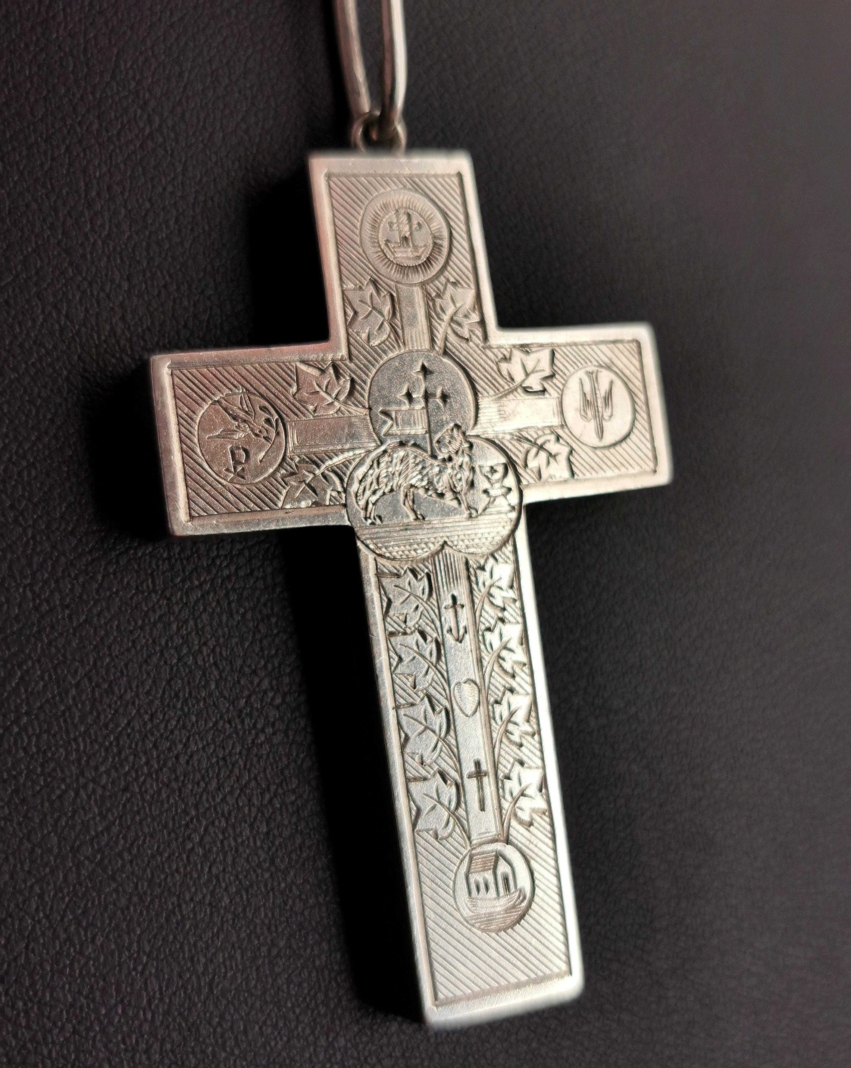 Women's or Men's Antique Victorian Engraved Silver Cross Pendant, Peace, Faith, Hope and Charity