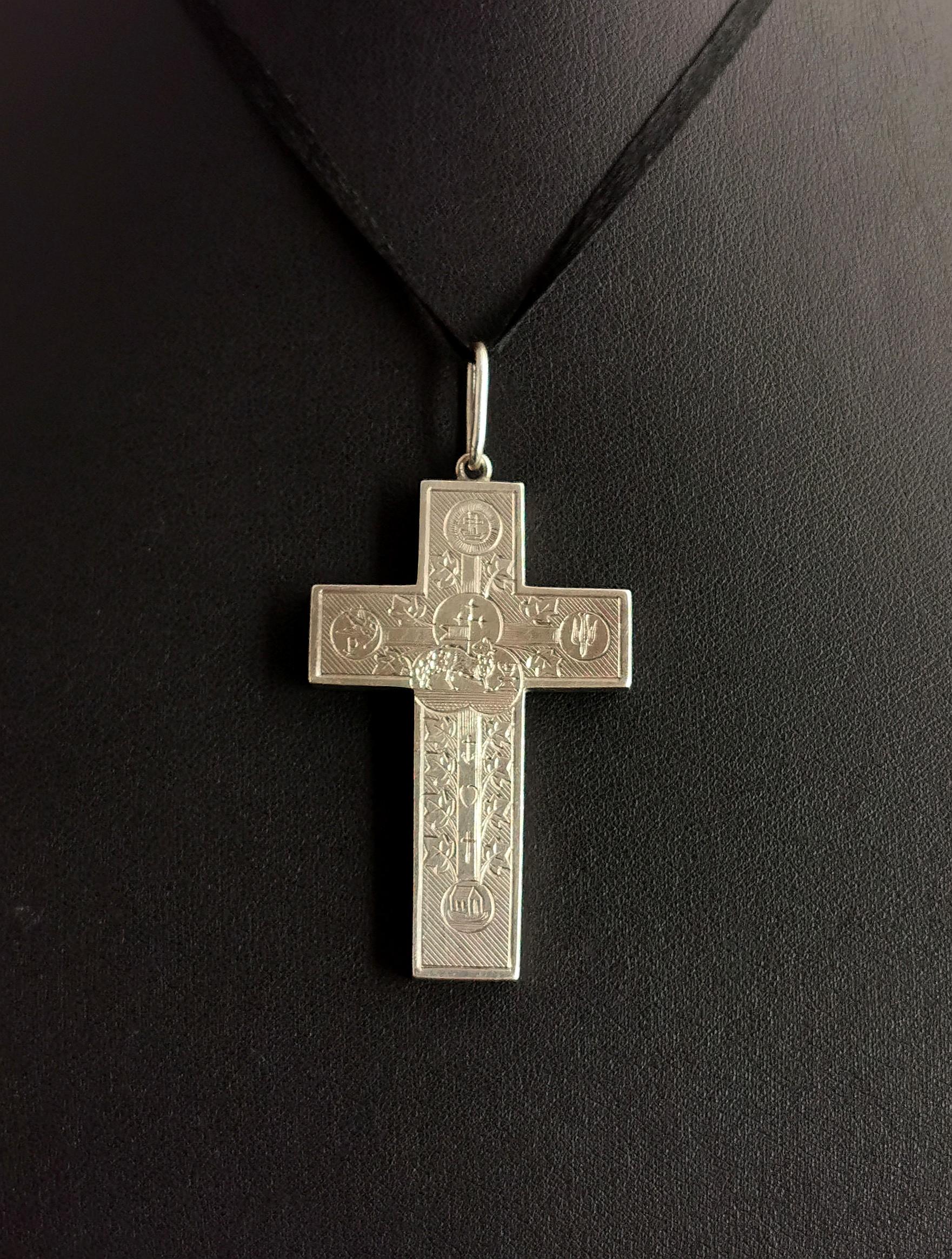 Antique Victorian Engraved Silver Cross Pendant, Peace, Faith, Hope and Charity 1