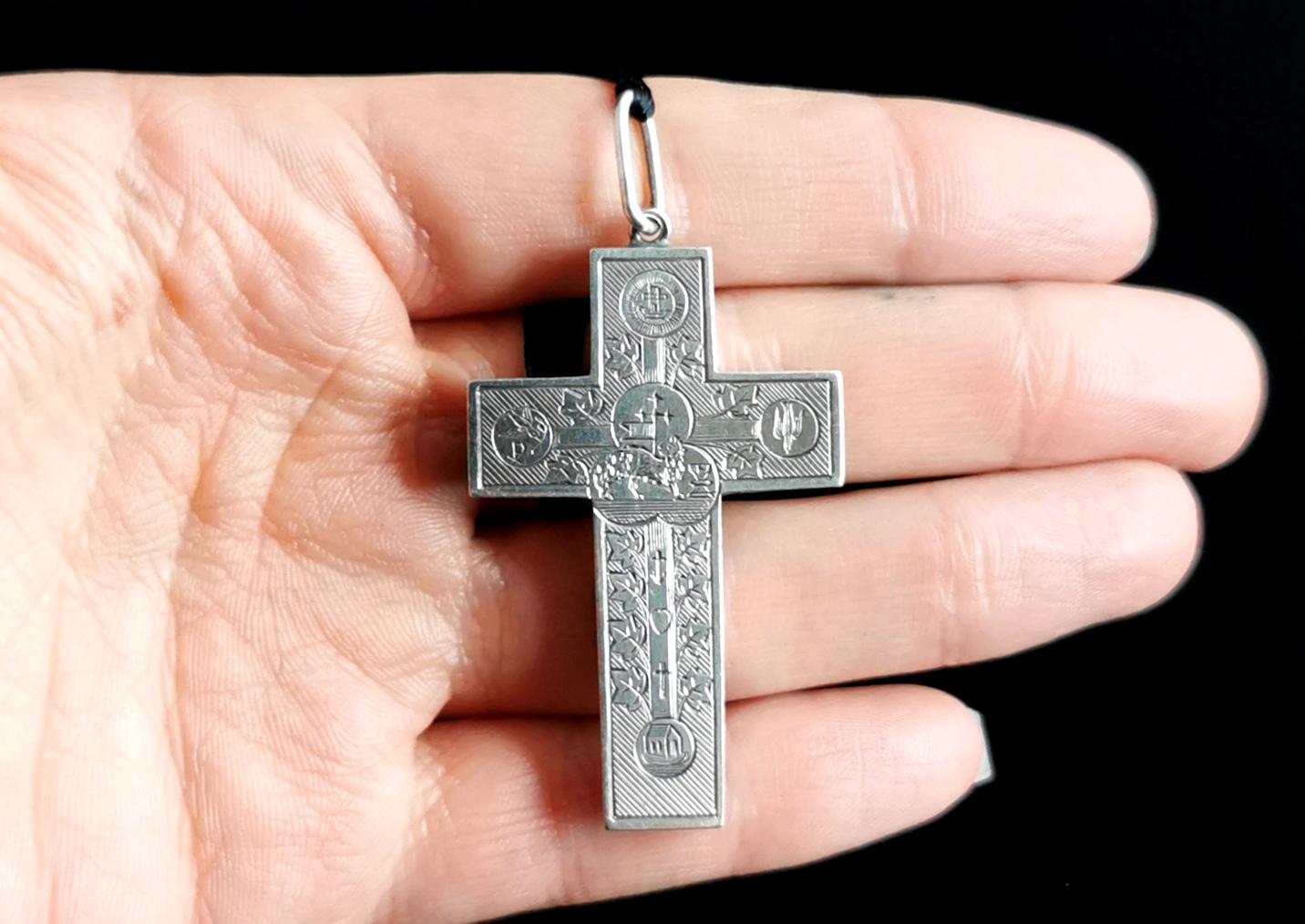 Antique Victorian Engraved Silver Cross Pendant, Peace, Faith, Hope and Charity 3