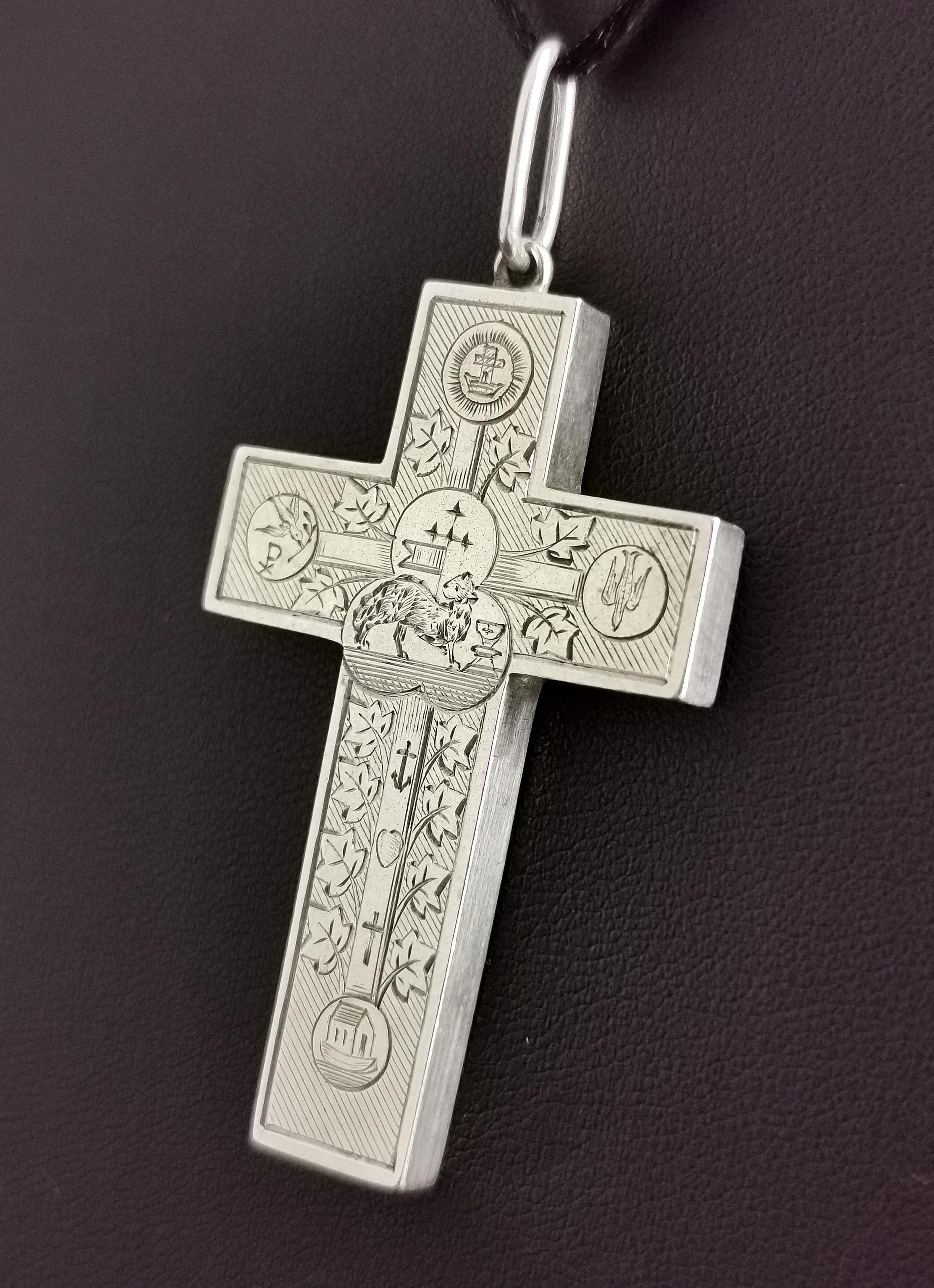 Antique Victorian Engraved Silver Cross Pendant, Peace, Faith, Hope and Charity 4