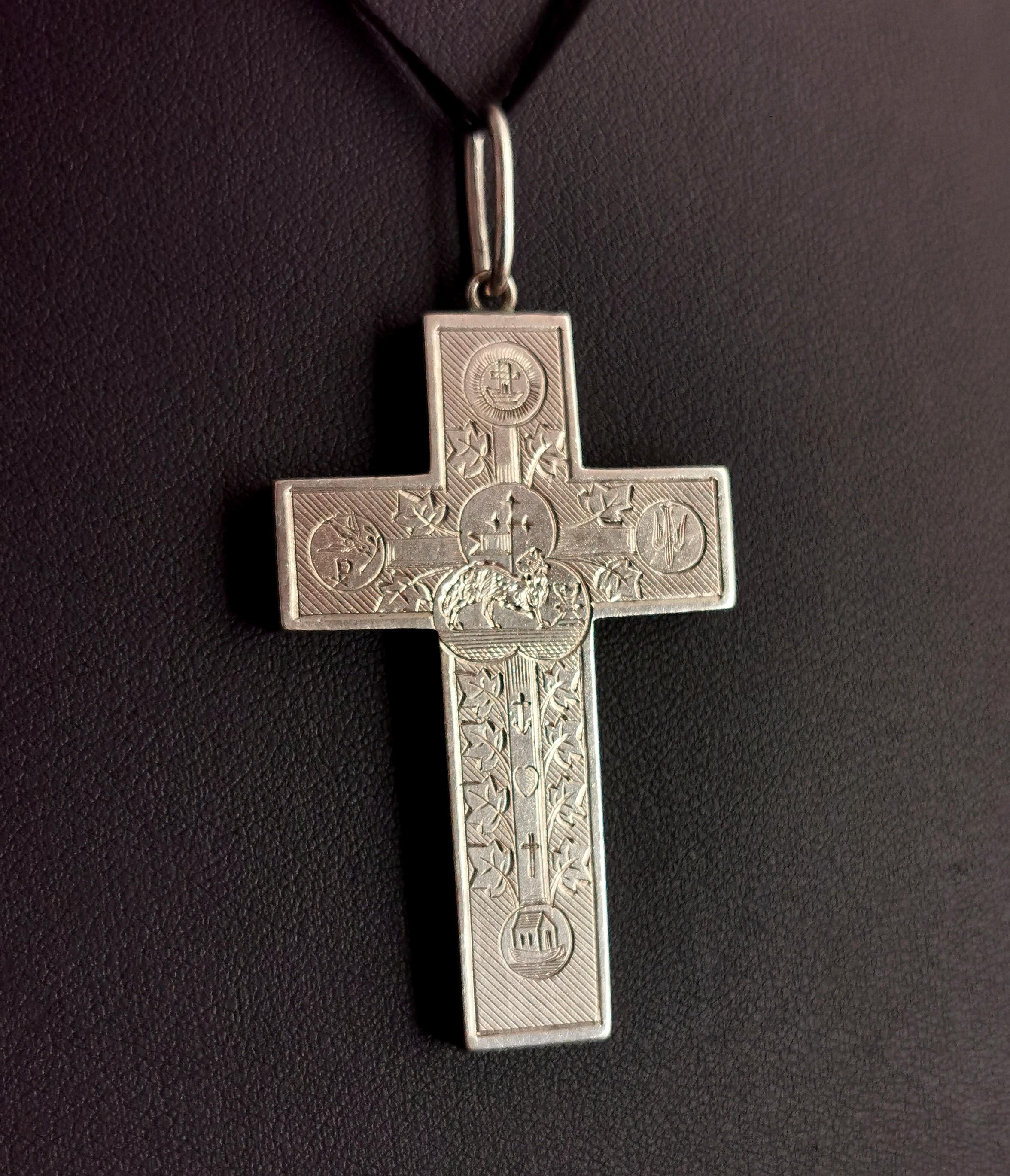Antique Victorian Engraved Silver Cross Pendant, Peace, Faith, Hope and Charity 5