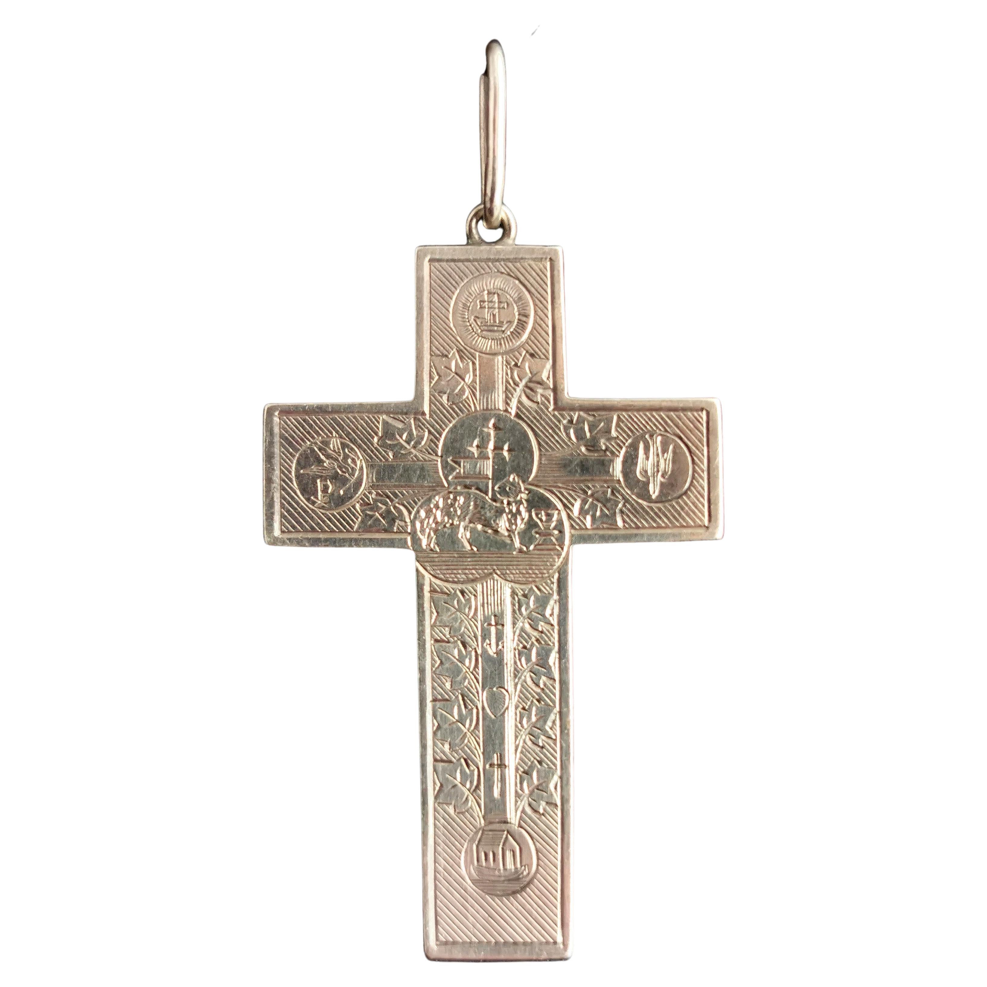 Antiker viktorianischer gravierter Silberkreuz-Anhänger, Frieden, Glaube, Hoffnung und Nächstenliebe
