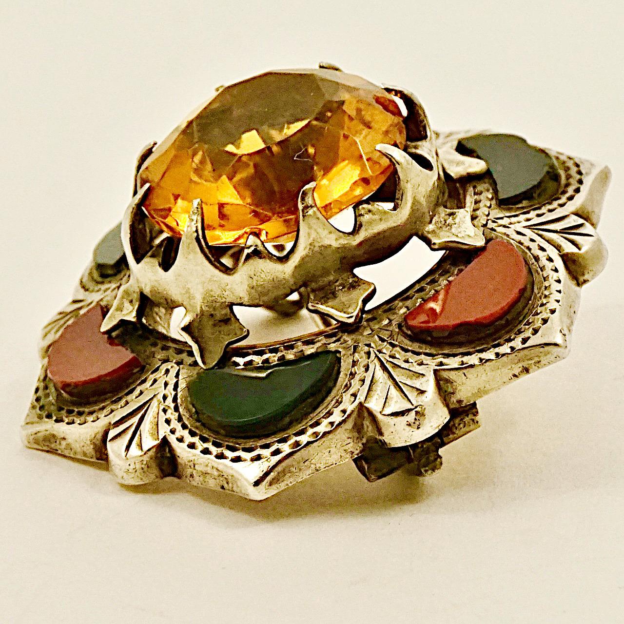 Wonderful antique Victorian silver hand engraved brooch with agates, and a lovely faceted faux citrine. The brooch tests for silver and has the old 