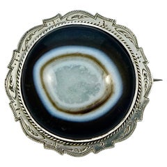 Antique Victorian Engraved Silver Tone and Domed Bullseye Agate Brooch