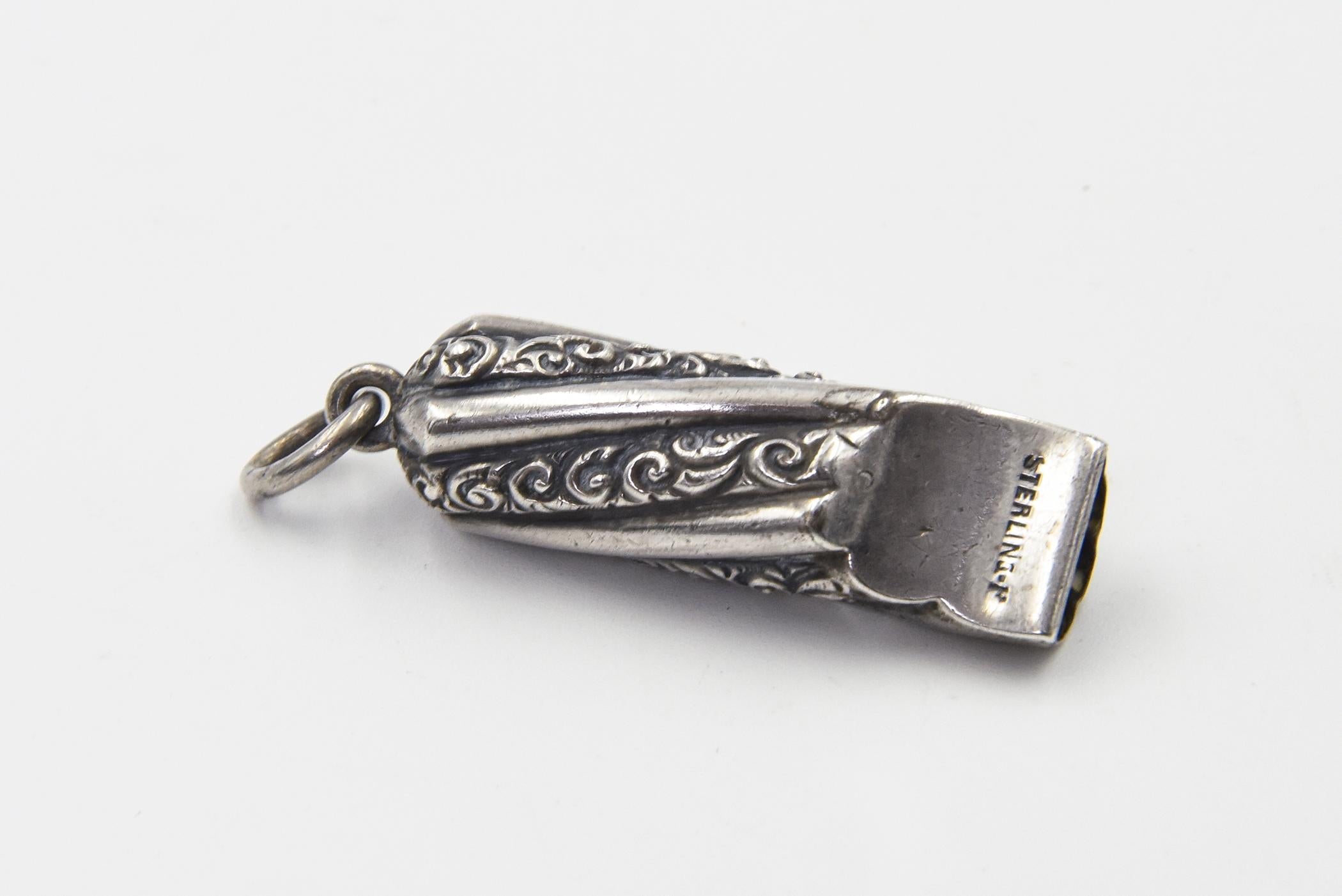 Women's or Men's Antique Victorian Engraved Sterling Silver Whistle Charm Pendant