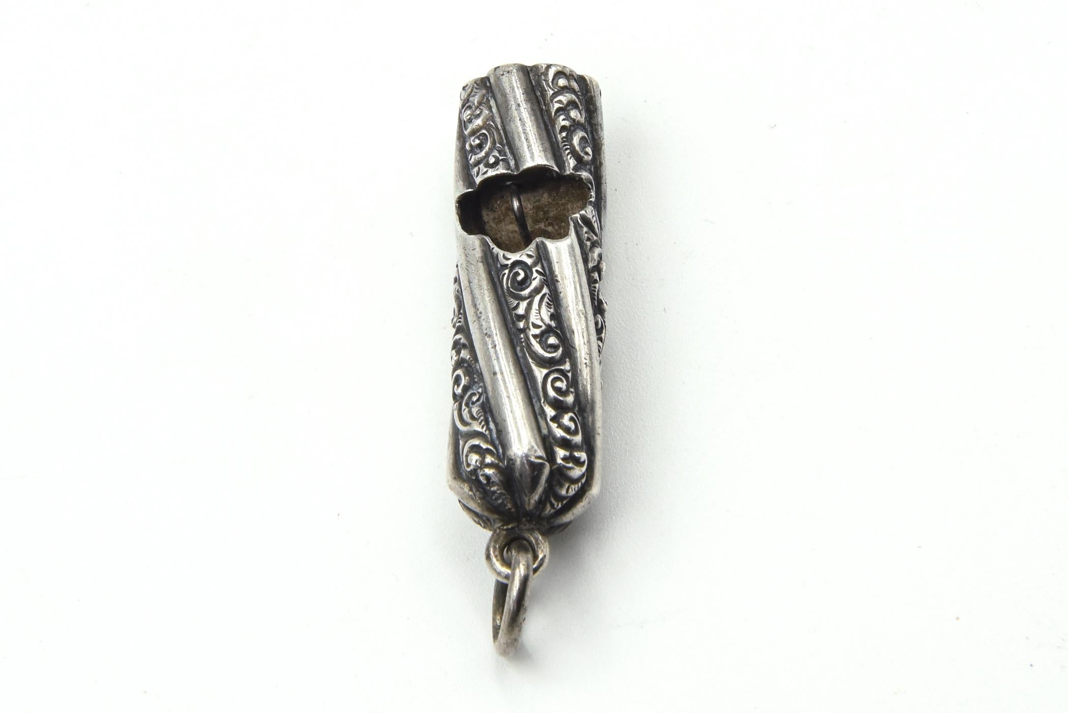 Antique Victorian Engraved Sterling Silver Whistle Charm Pendant 2