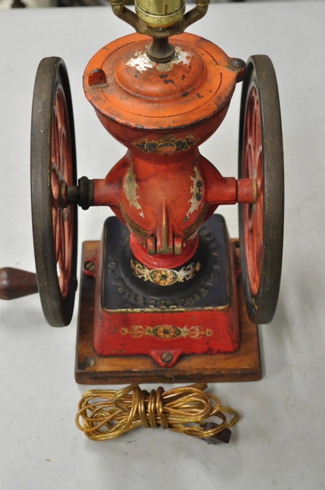 Antique Victorian Enterprise Phila. Red Cast Iron Coffee Mill Grinder Table Lamp For Sale 5