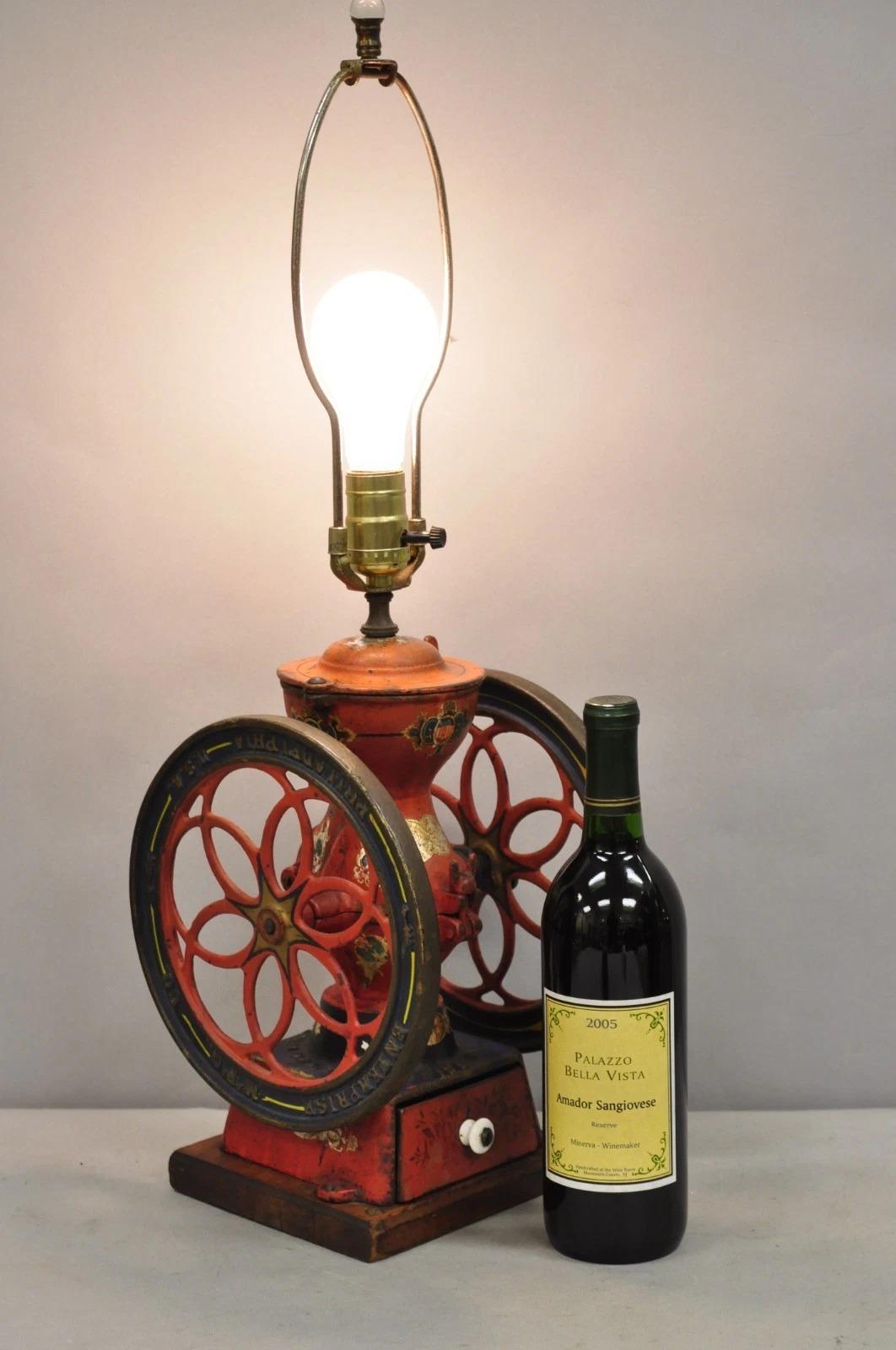 Antique Victorian Red Cast Iron Enterprise Philadelphia Coffee Mill Grinder Converted Table Lamp with Small Drawer. Circa Early 20th Century. Measurements: 26
