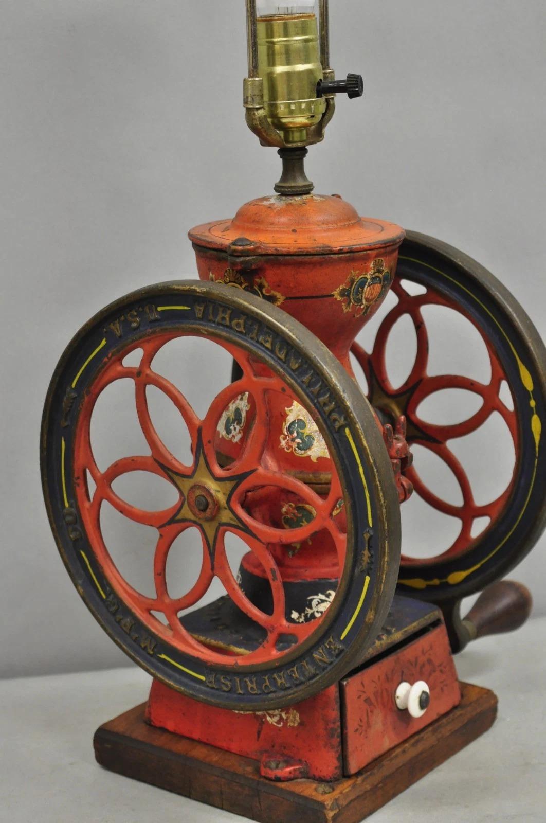 Unknown Antique Victorian Enterprise Phila. Red Cast Iron Coffee Mill Grinder Table Lamp For Sale