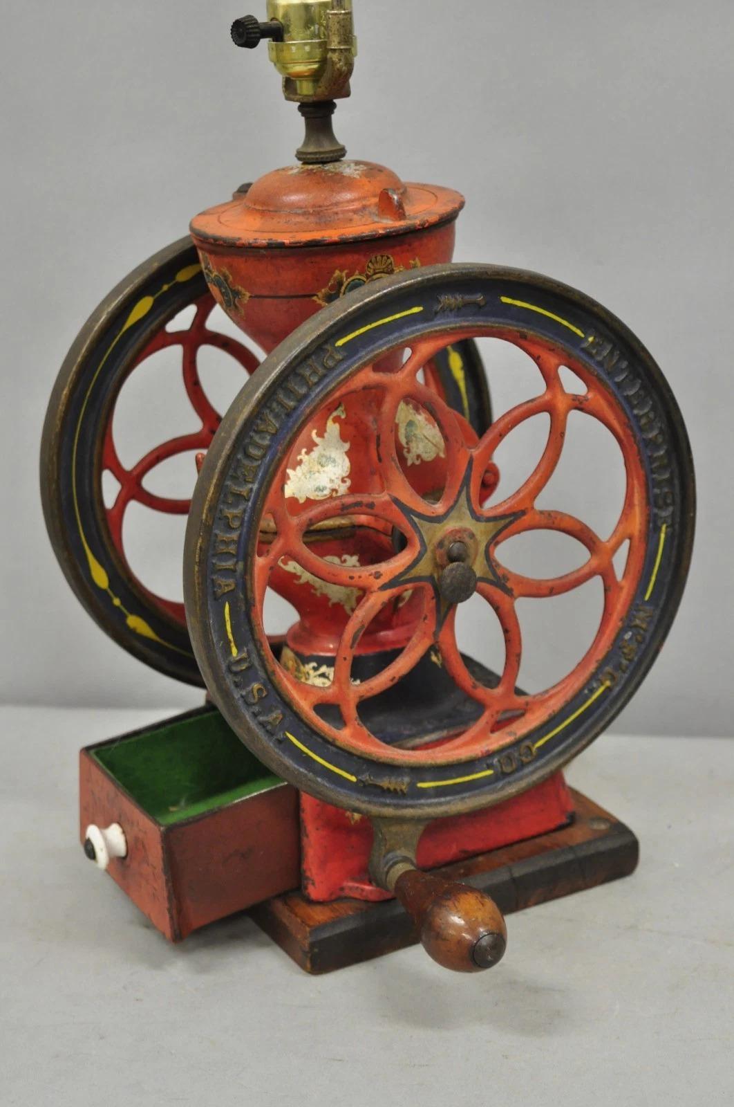 20th Century Antique Victorian Enterprise Phila. Red Cast Iron Coffee Mill Grinder Table Lamp For Sale
