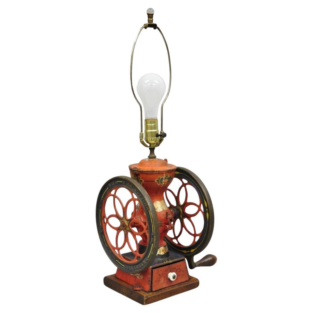 Antique Victorian Enterprise Phila. Red Cast Iron Coffee Mill Grinder Table Lamp For Sale