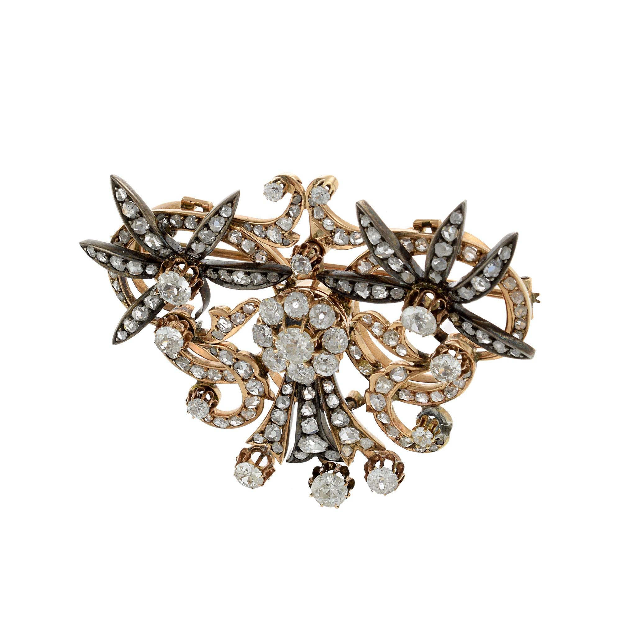 Old European Cut Antique Victorian Era 14KT Rose Gold and Diamond Brooch For Sale