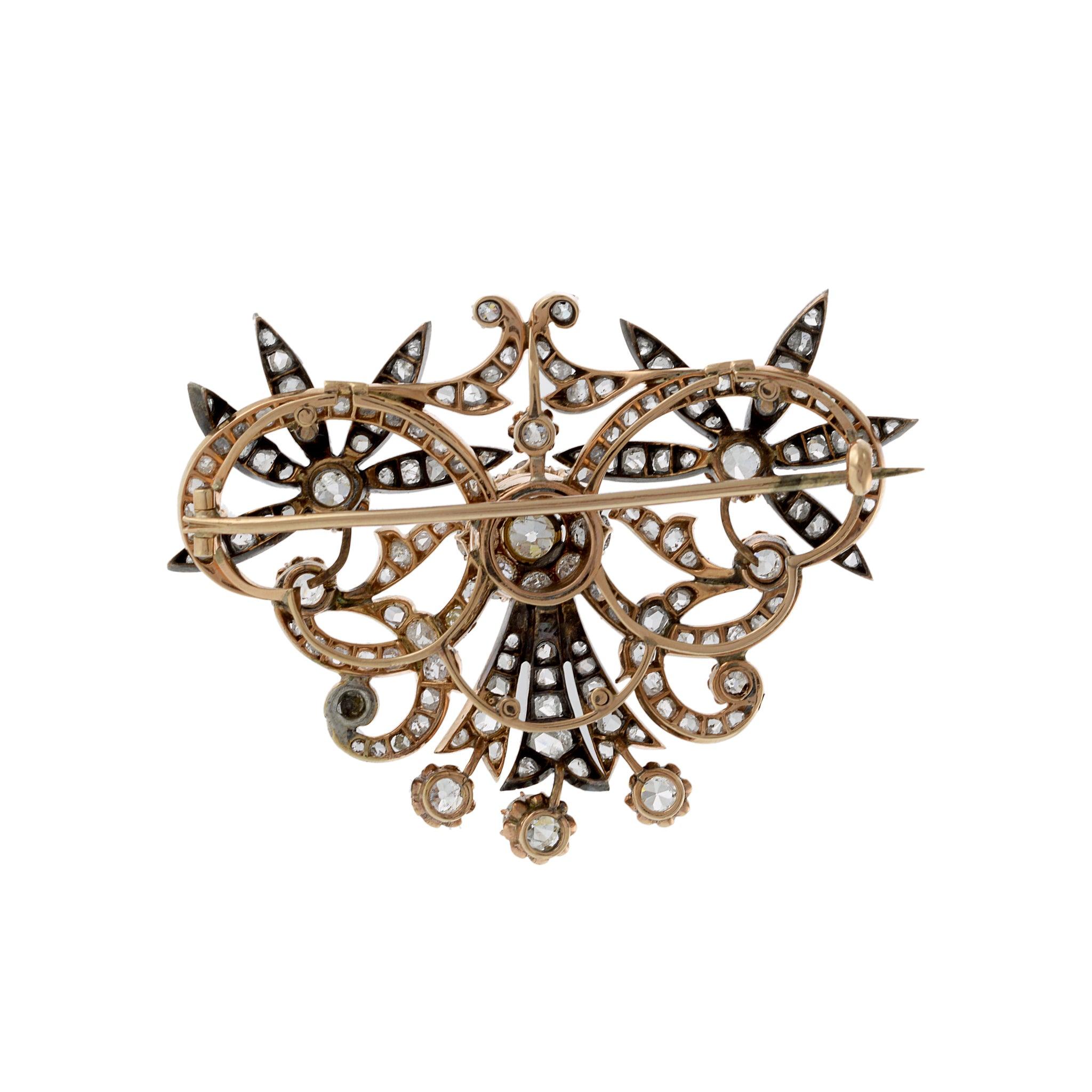 Women's or Men's Antique Victorian Era 14KT Rose Gold and Diamond Brooch For Sale
