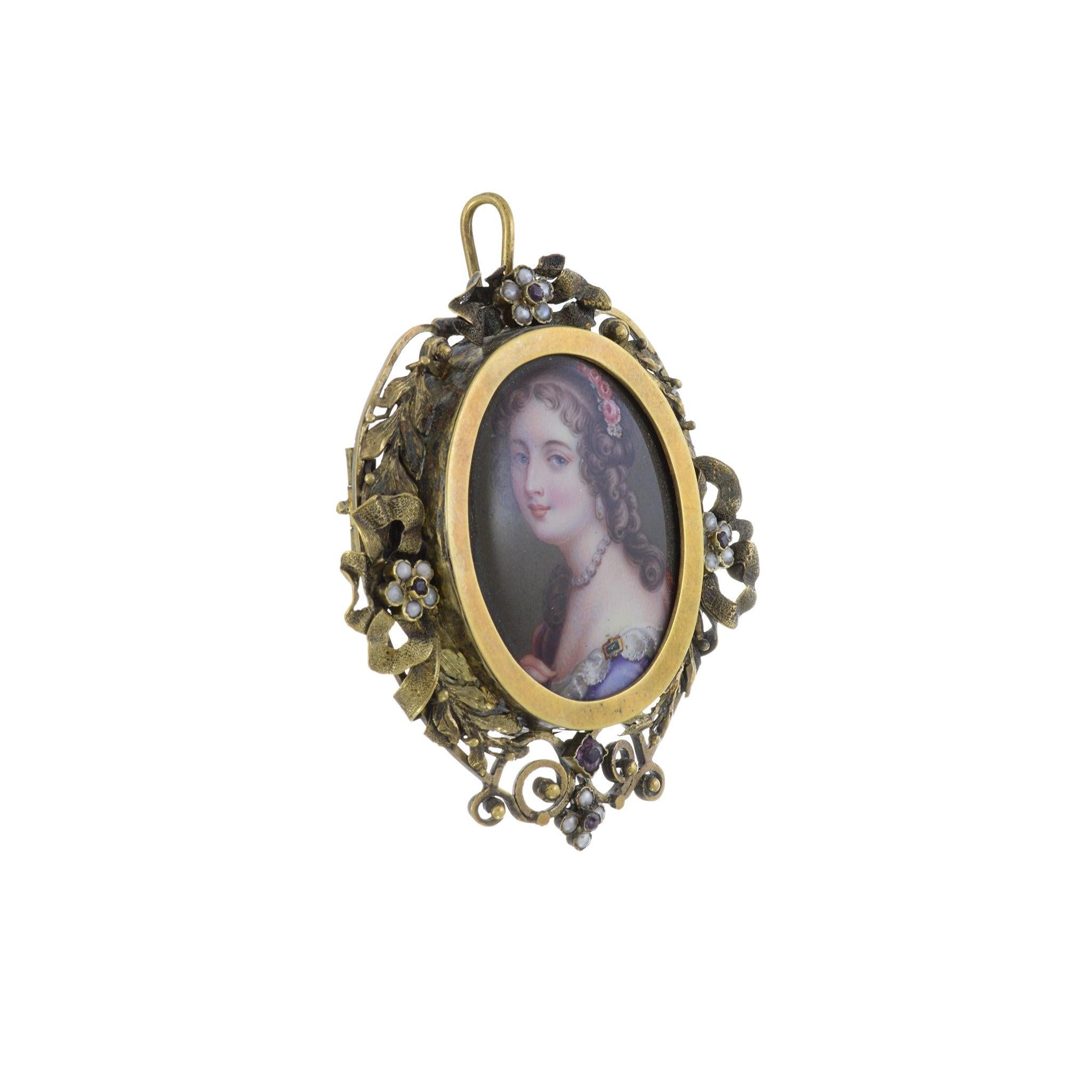 Colgante de oro amarillo de 14 quilates de la época victoriana antiguo con perlas y amatista Victoriano en venta