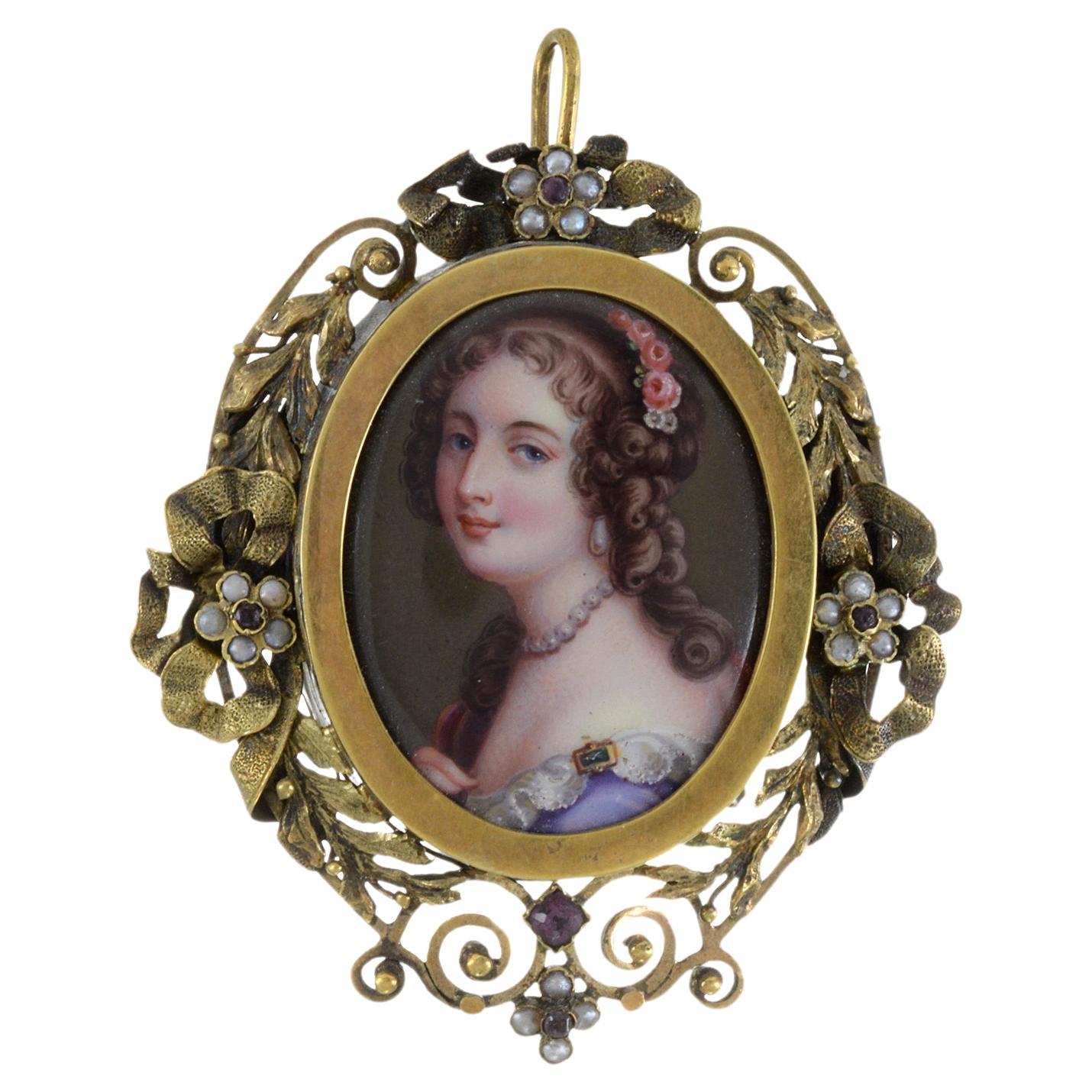 Colgante de oro amarillo de 14 quilates de la época victoriana antiguo con perlas y amatista en venta