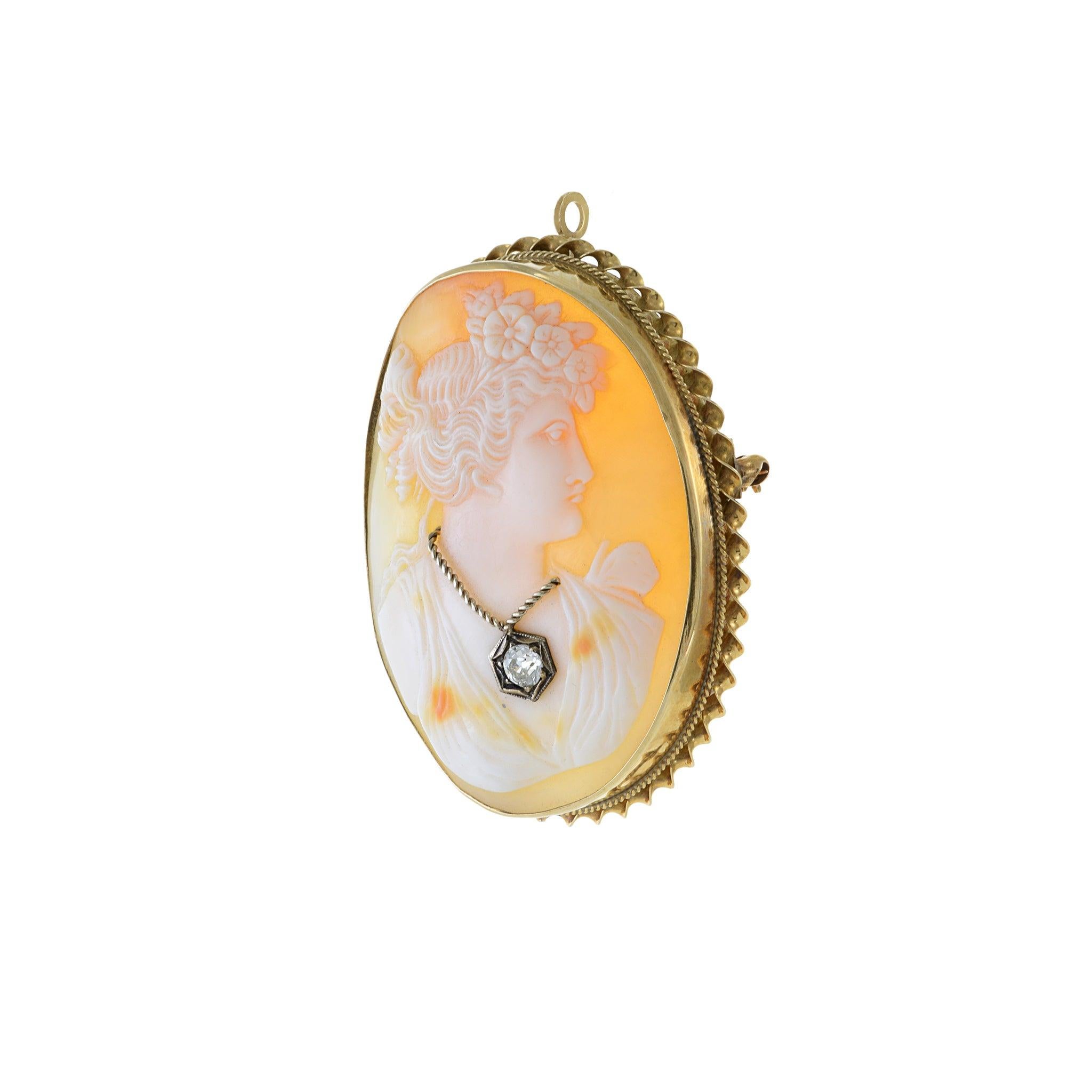 Round Cut Antique Victorian Era 14KT Yellow Gold Portrait Cameo Diamond Pin Brooch For Sale