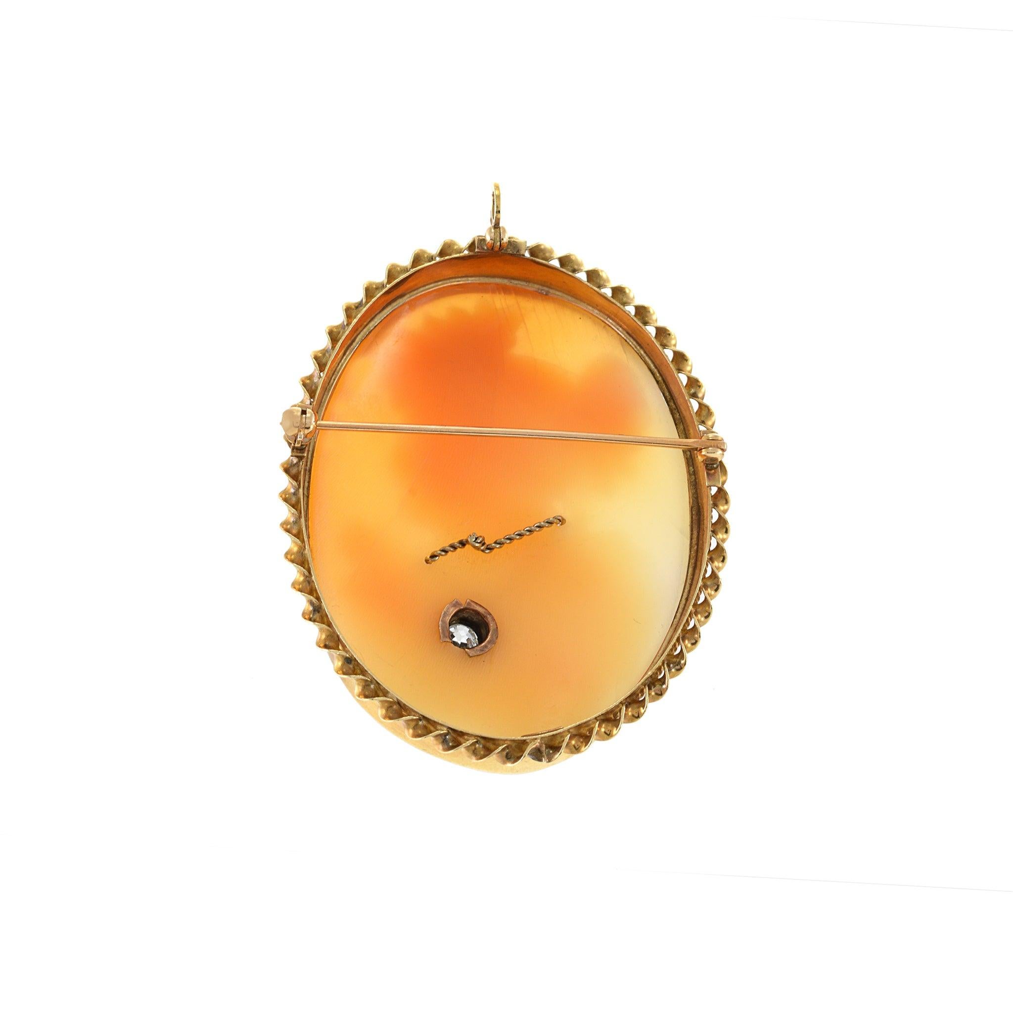 Antique Victorian Era 14KT Yellow Gold Portrait Cameo Diamond Pin Brooch In Excellent Condition For Sale In New York, NY
