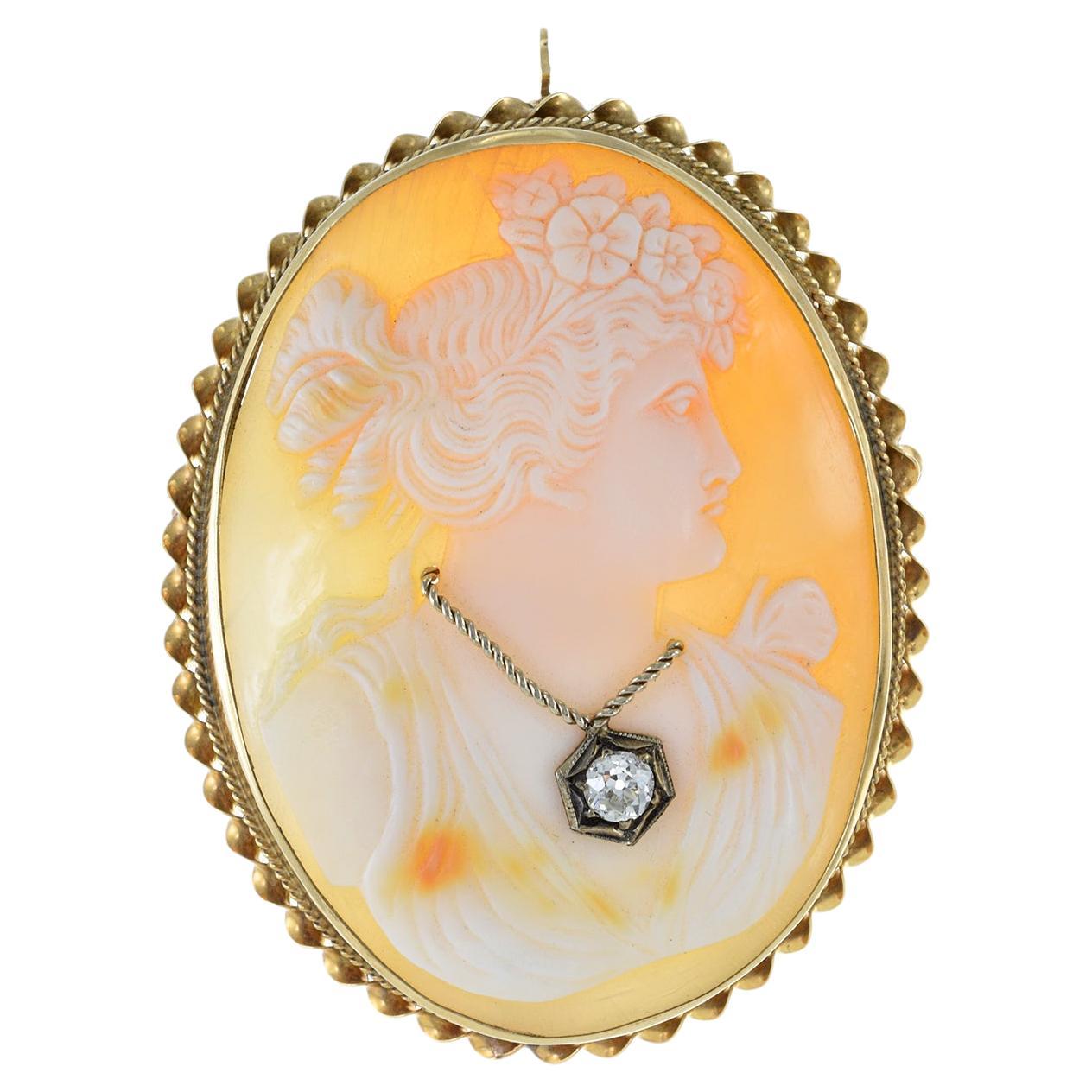 Antique Victorian Era 14KT Yellow Gold Portrait Cameo Diamond Pin Brooch