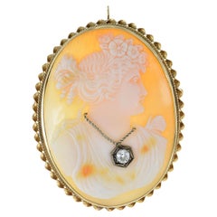 Antique Victorian Era 14KT Yellow Gold Portrait Cameo Diamond Pin Brooch