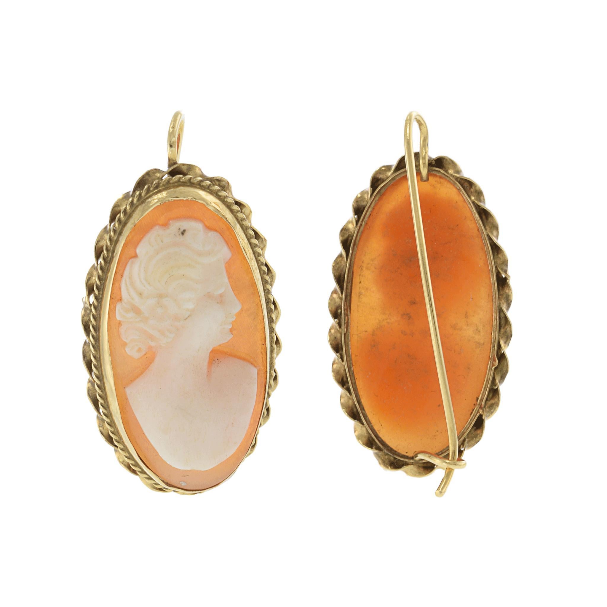 Women's Antique Victorian Era 14KT Yellow Gold Portrait Cameo Earrings For Sale
