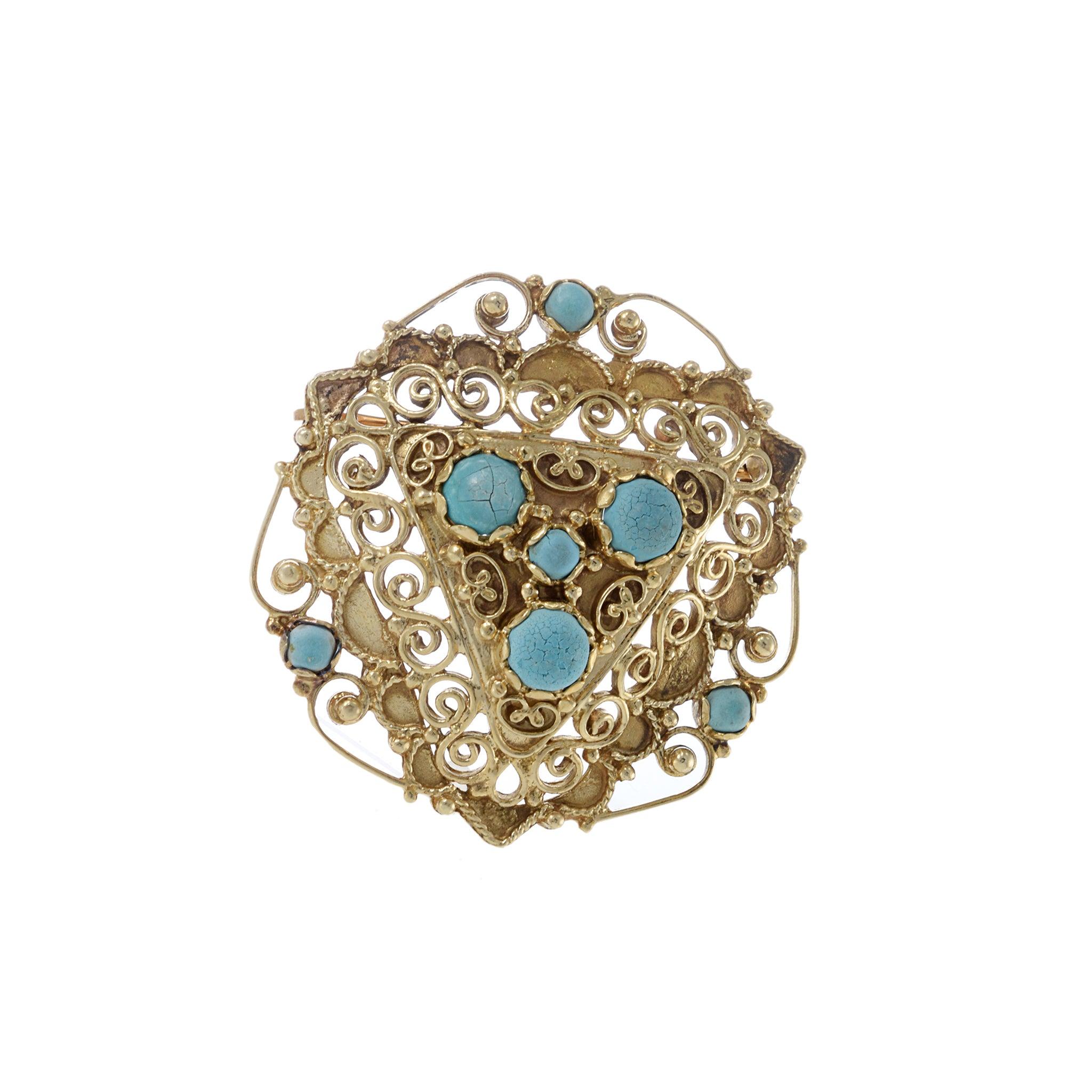 Antique Victorian Era 14KT Yellow Gold Triangular Floral Turquoise Brooch/Pin. This exquisite piece features a delicate floral design adorned with vibrant turquoise stones, set in a triangular 14KT yellow gold frame. The intricate craftsmanship and