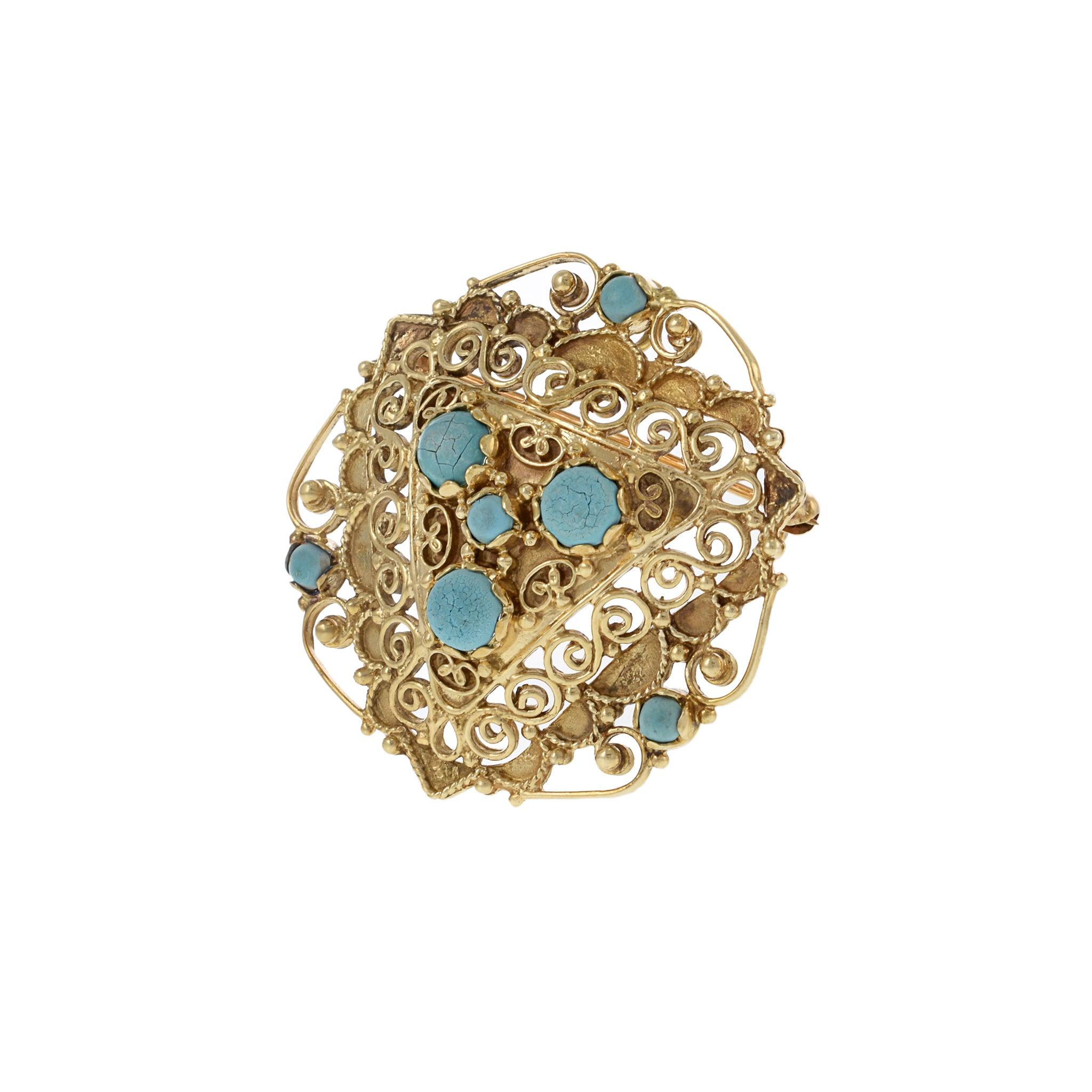 Round Cut Antique Victorian Era 14KT Yellow Gold Triangular Floral Turquoise Brooch/Pin For Sale