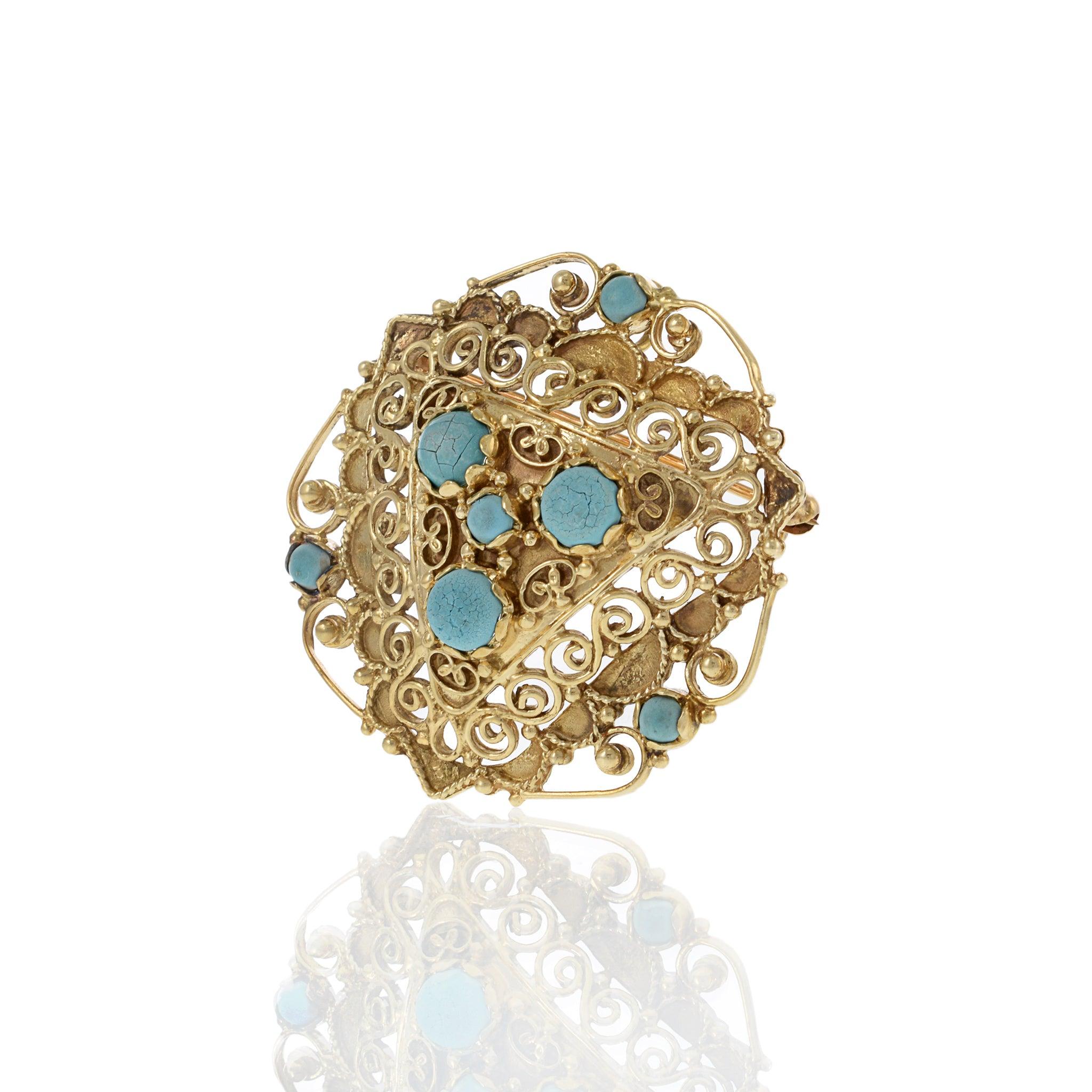 Antique Victorian Era 14KT Yellow Gold Triangular Floral Turquoise Brooch/Pin In Excellent Condition For Sale In New York, NY
